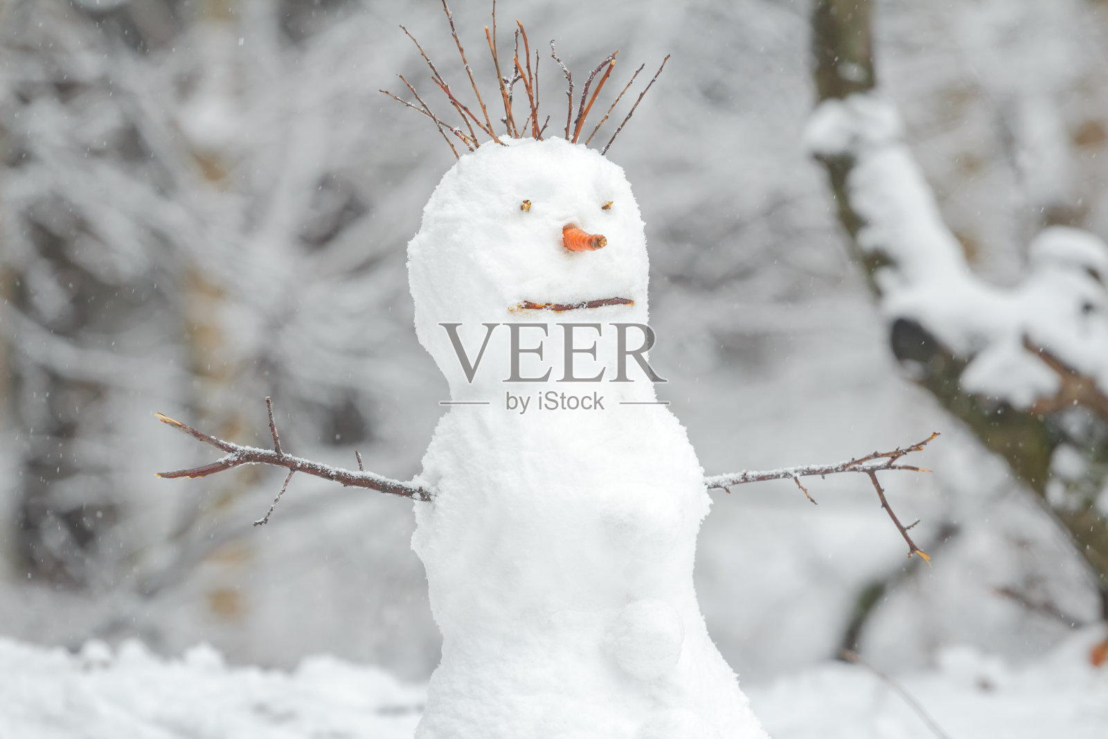 雪白色的雪人与胡萝卜鼻子在冬季圣诞节的背景照片摄影图片