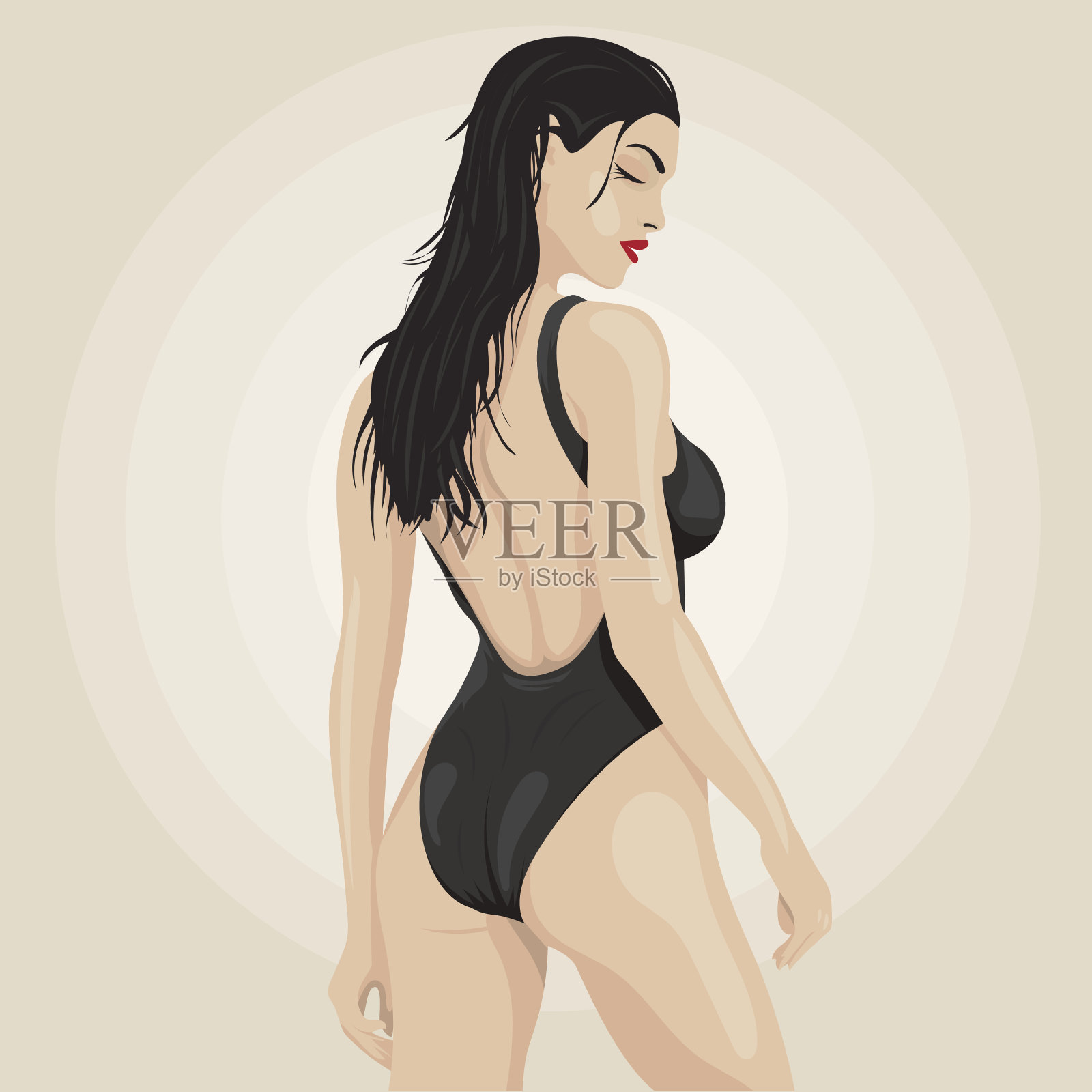 一个性感美丽的黑发女孩的时尚插图在一个浅色的背景黑色一件泳衣。向量插画图片素材