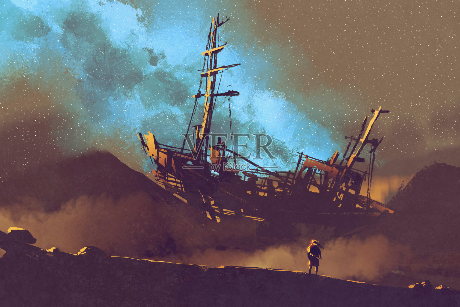 被遗弃的船在沙漠与星空插画图片素材