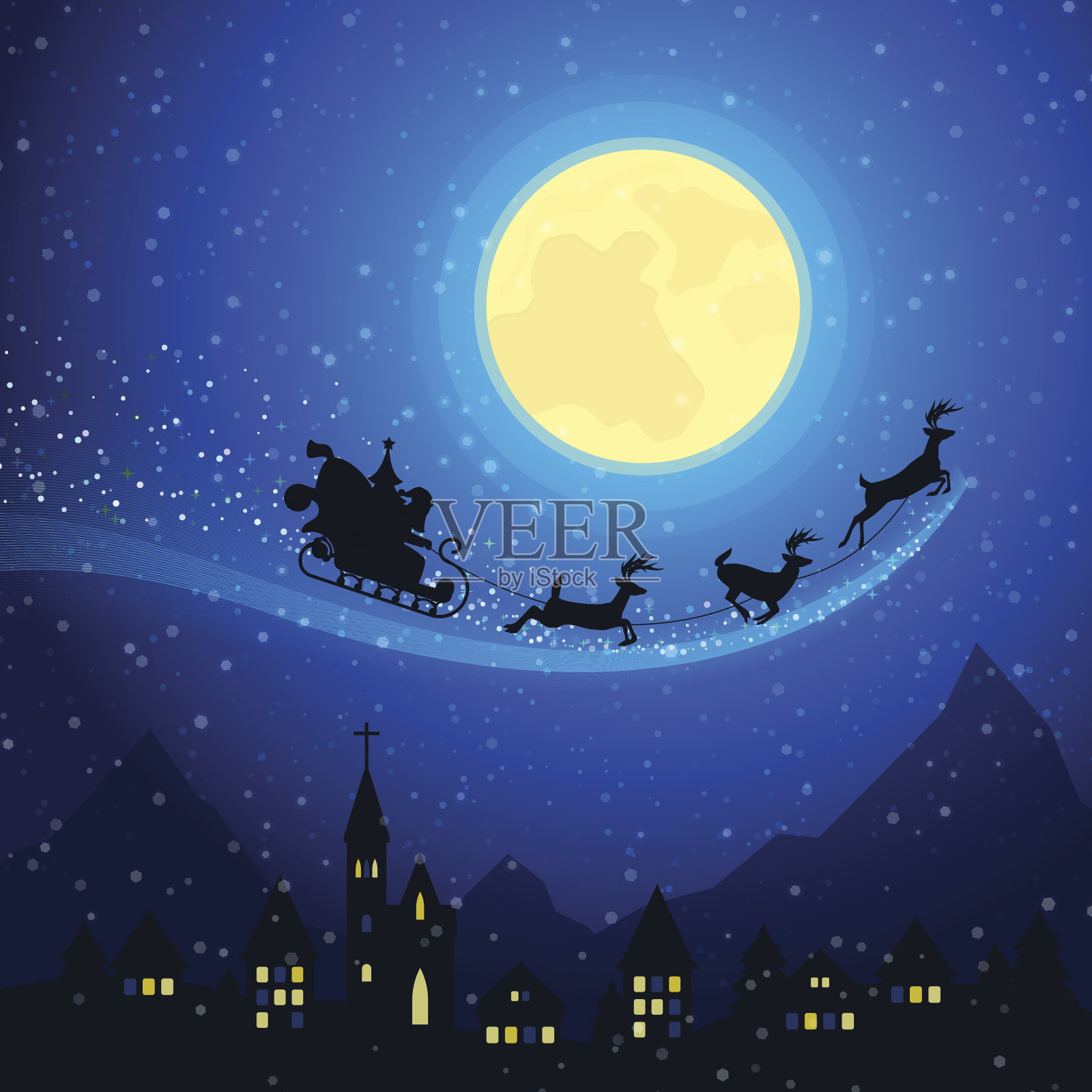 圣诞小镇山景与圣诞老人的雪橇插画图片素材