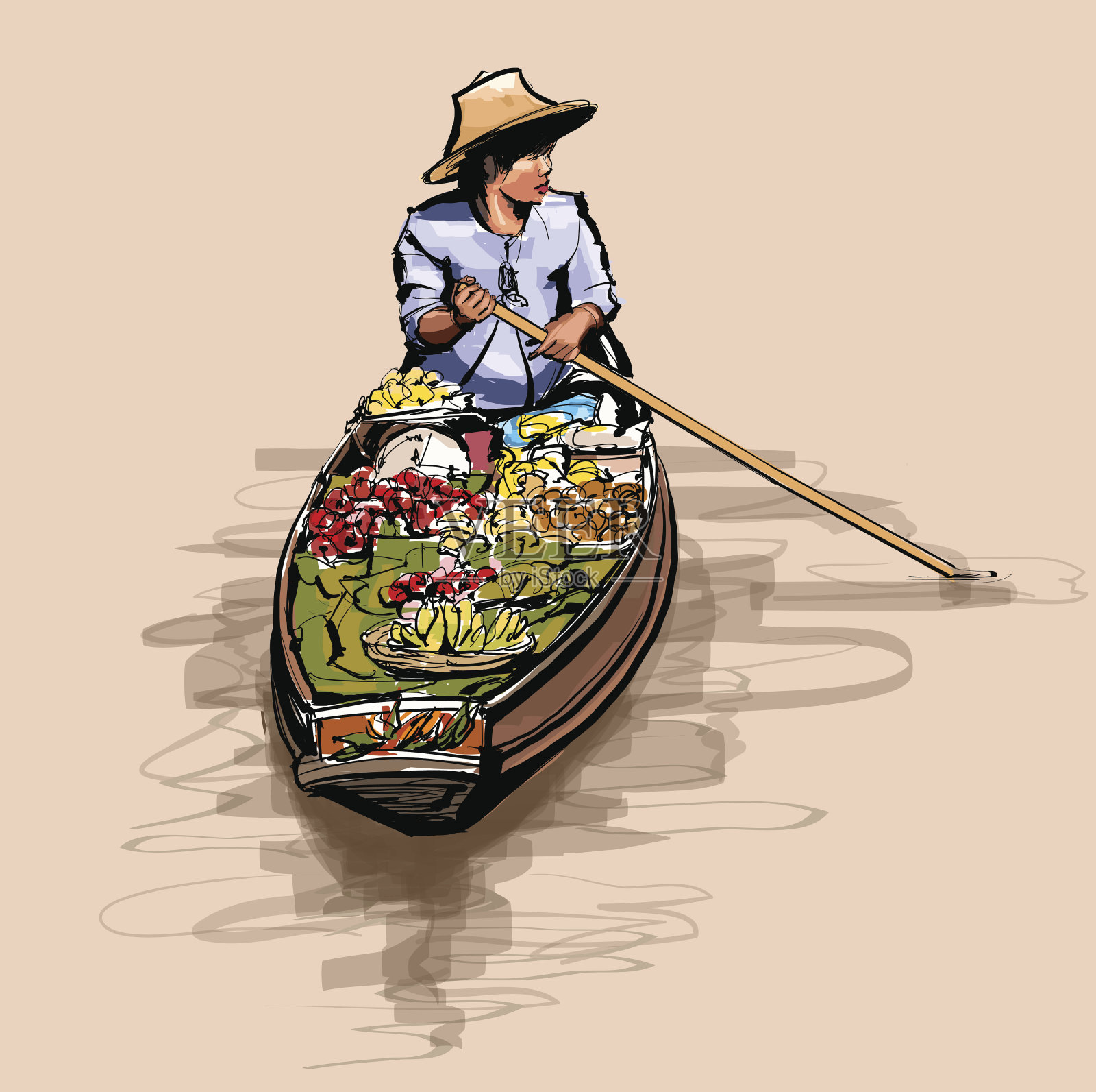 泰国水上市场上的小船插画图片素材