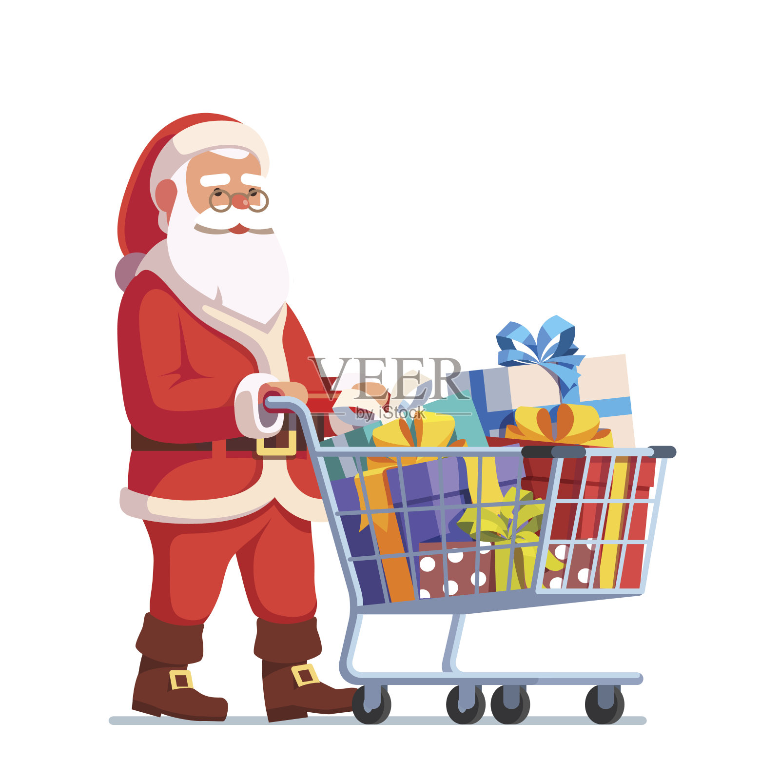 圣诞老人推着装满礼物的购物车插画图片素材