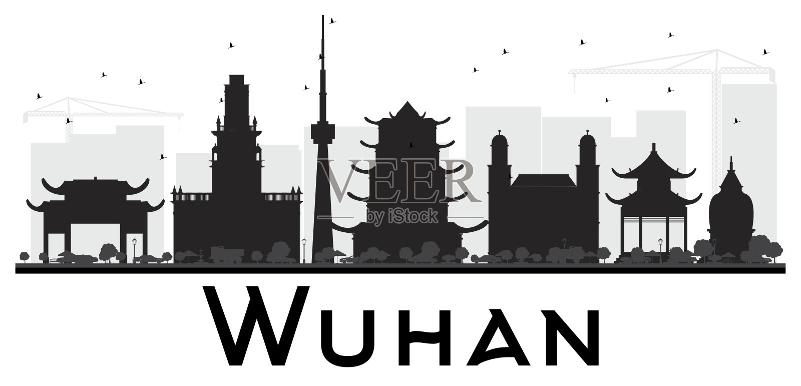 武汉城市天际线黑白剪影。插画图片素材
