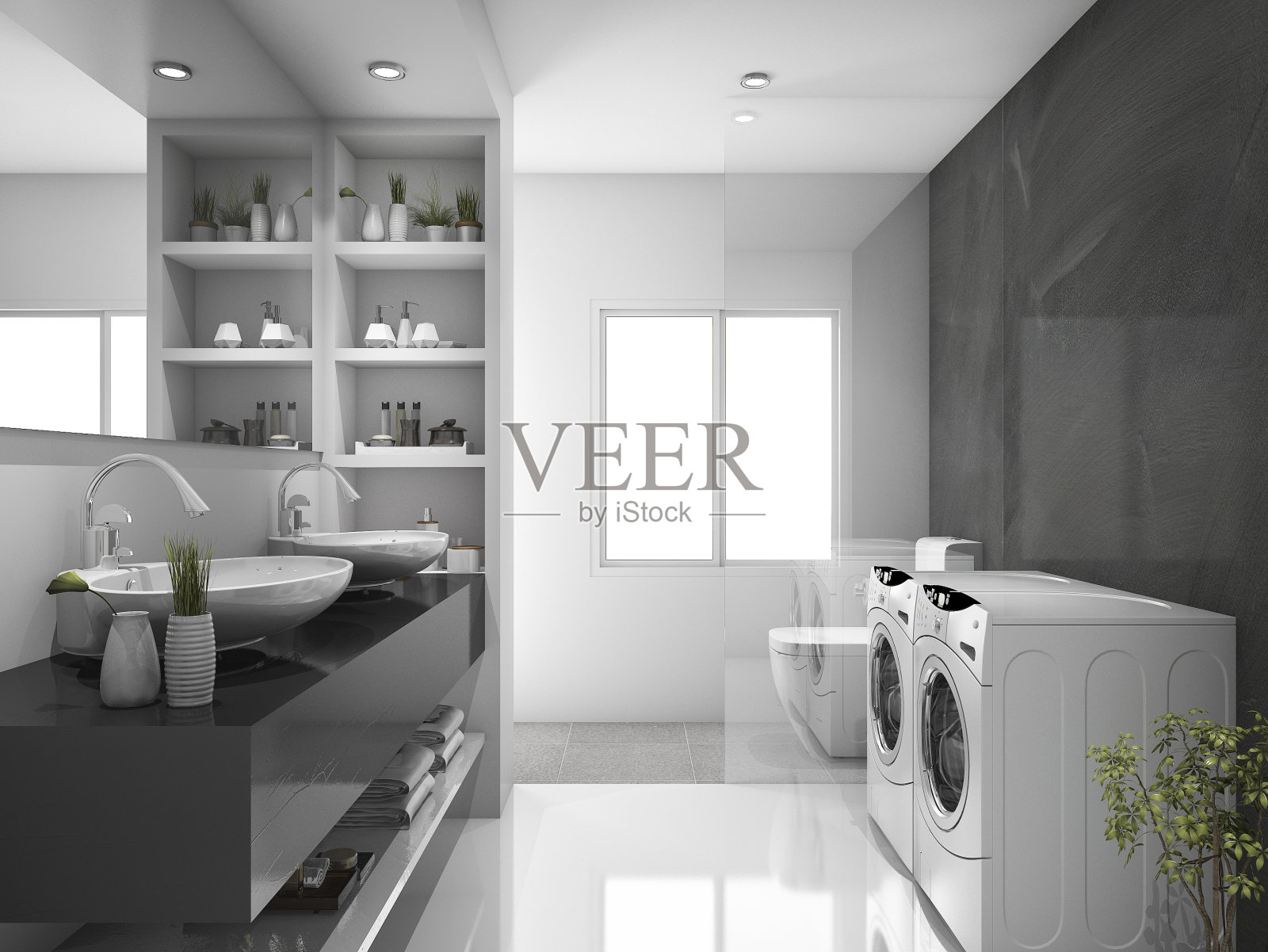 3d渲染现代黑色洗衣房和卫生间照片摄影图片