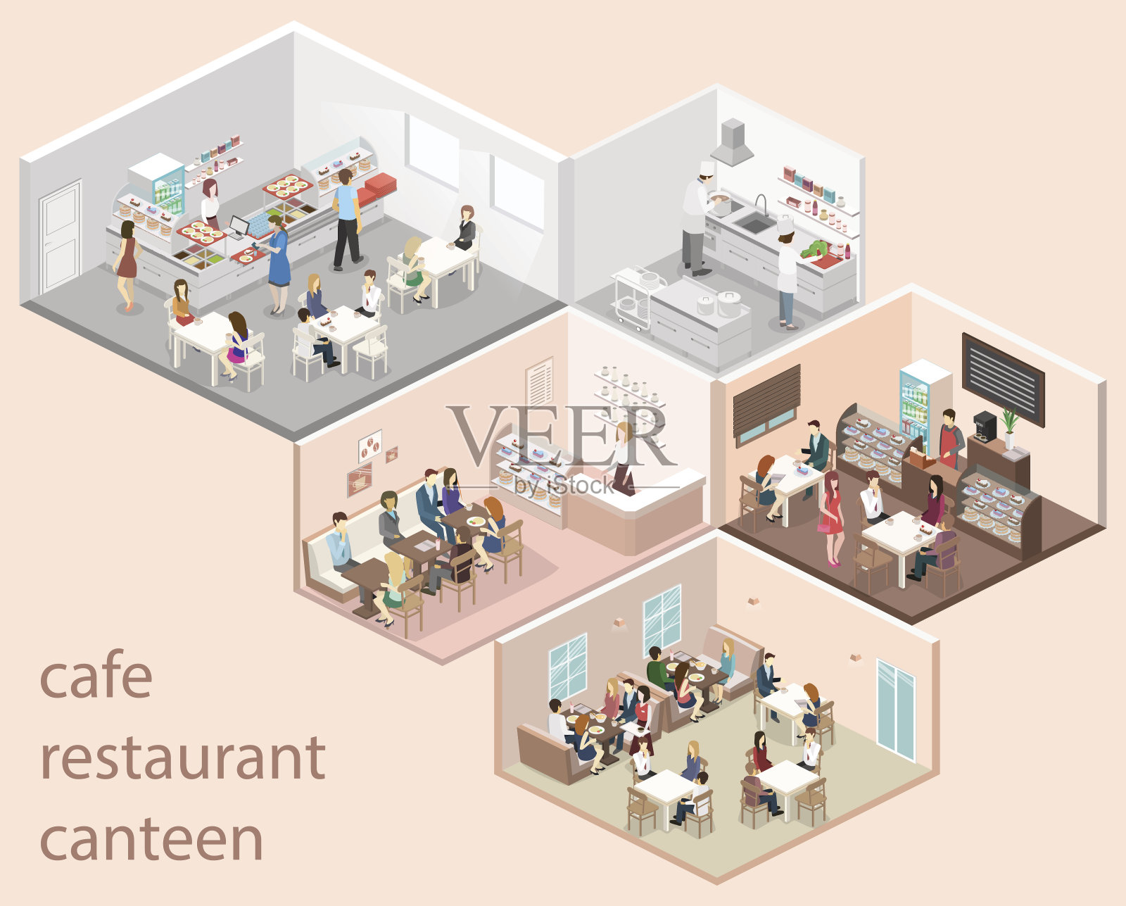 等距平面三维概念向量室内咖啡厅，餐厅，厨房。插画图片素材