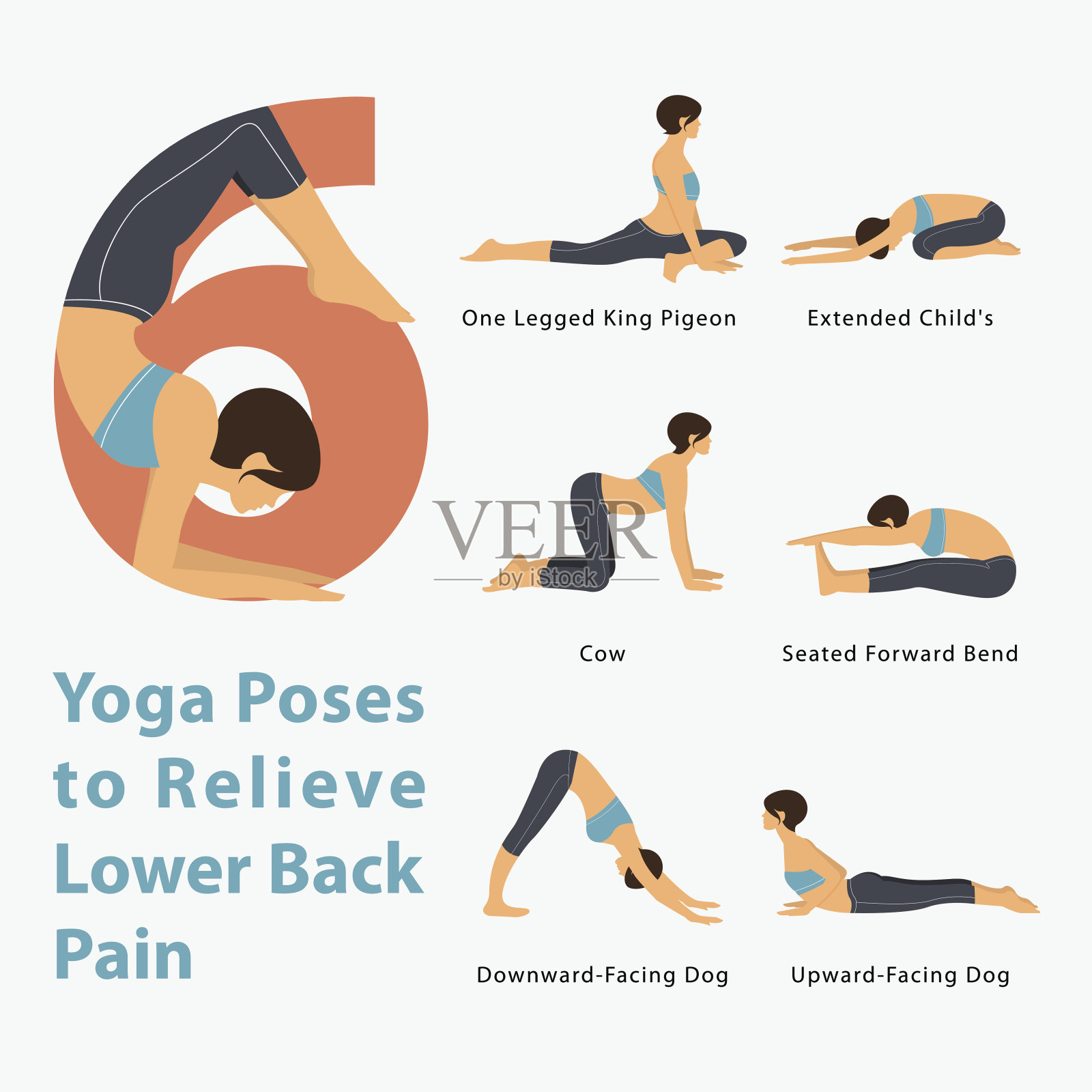信息图瑜伽姿势缓解下背部疼痛在平面设计。插画图片素材