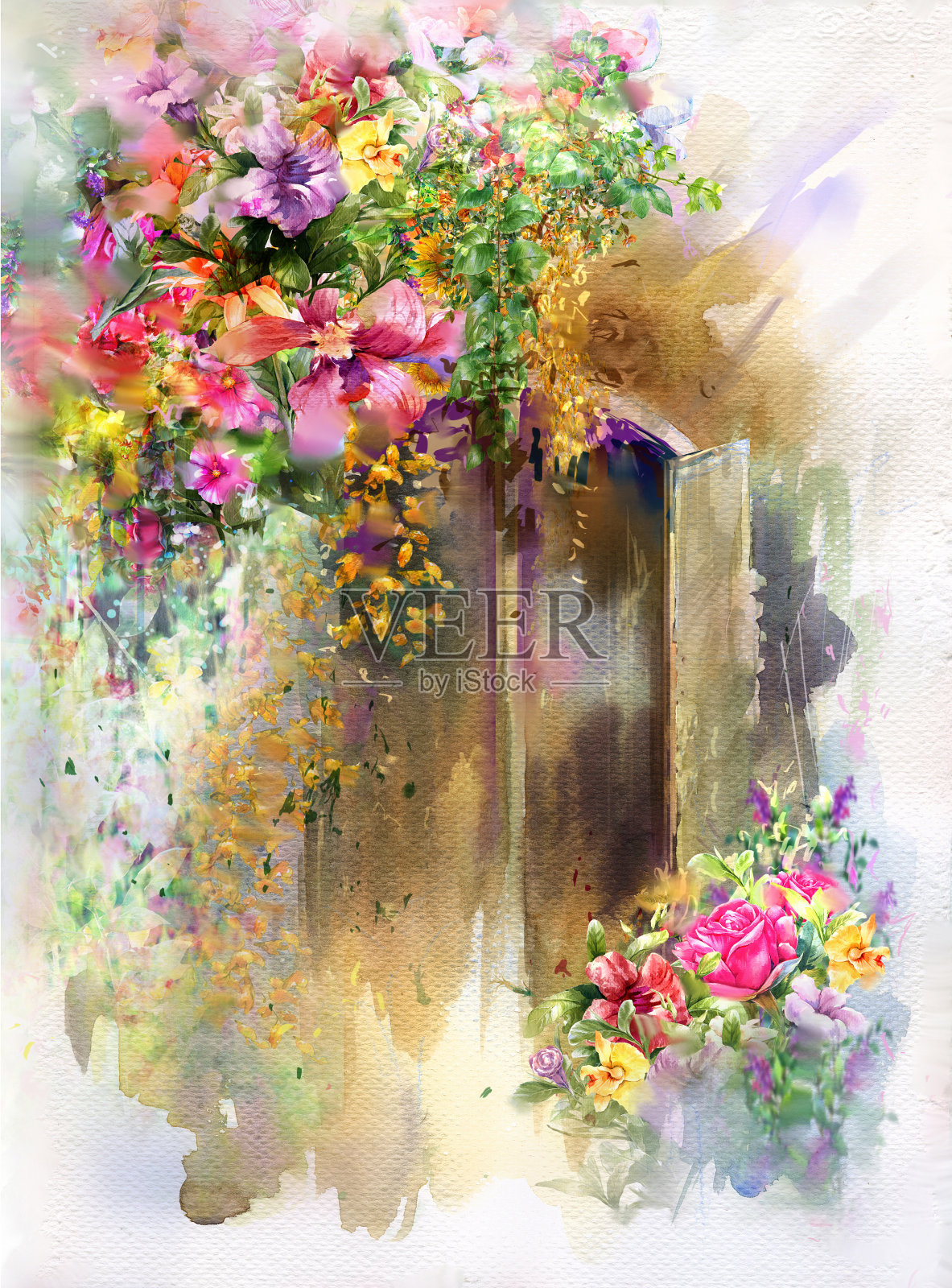 抽象彩色花卉水彩画插画图片素材