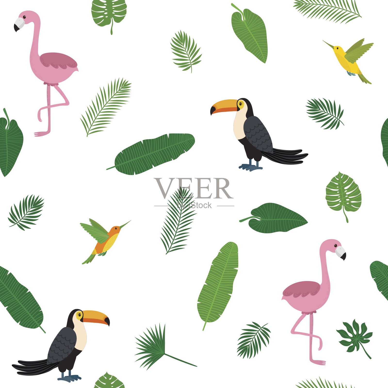 热带无缝模式与粉红色火烈鸟，巨嘴鸟插画图片素材