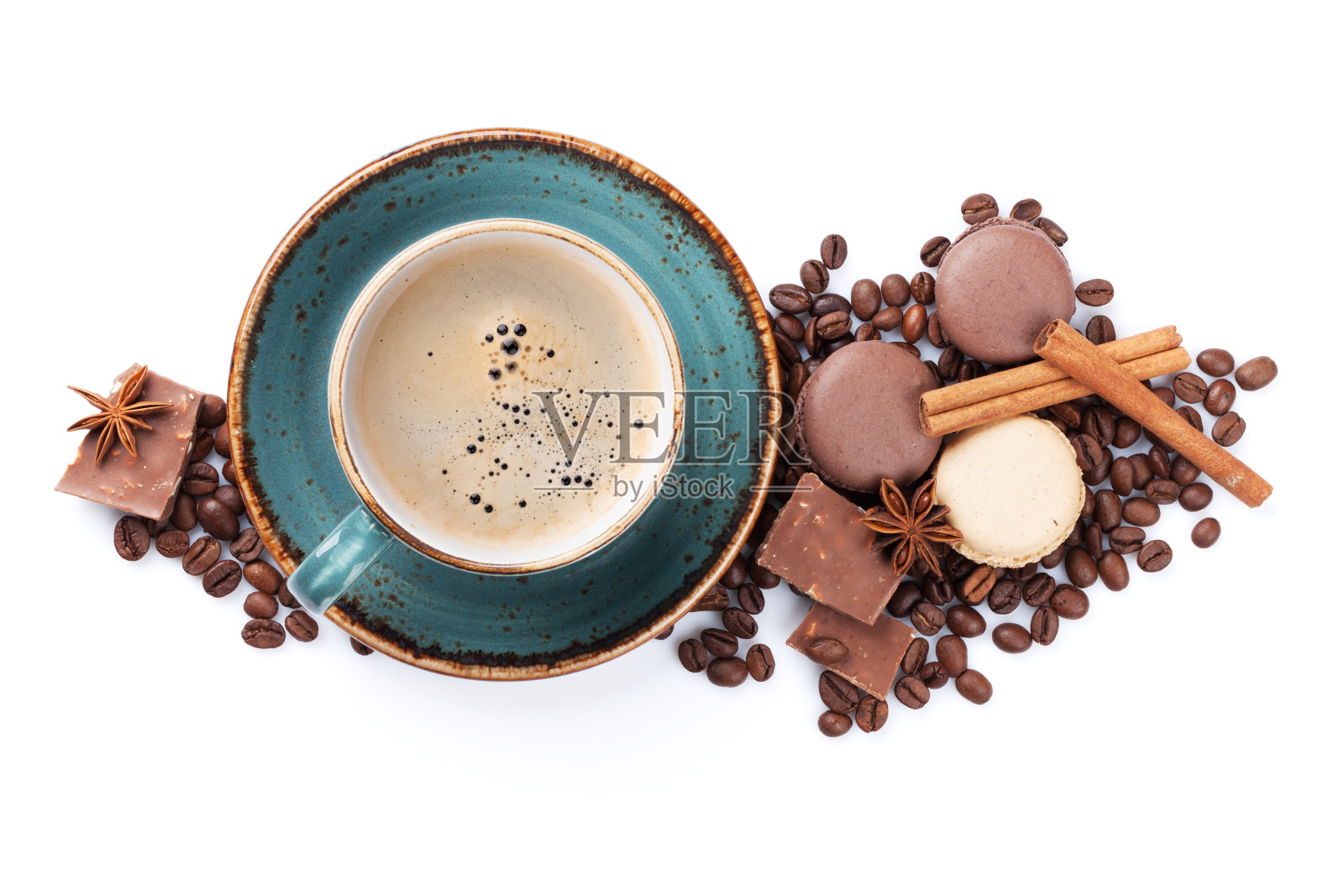咖啡杯，巧克力和杏仁饼干照片摄影图片