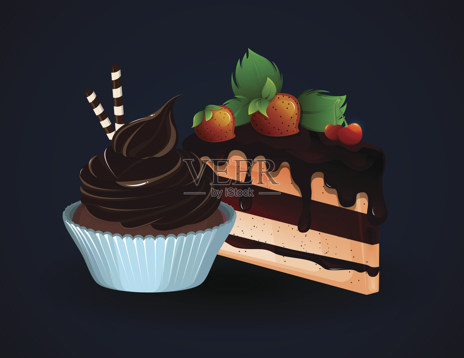 一块美味的草莓蛋糕和纸杯蛋糕插画图片素材