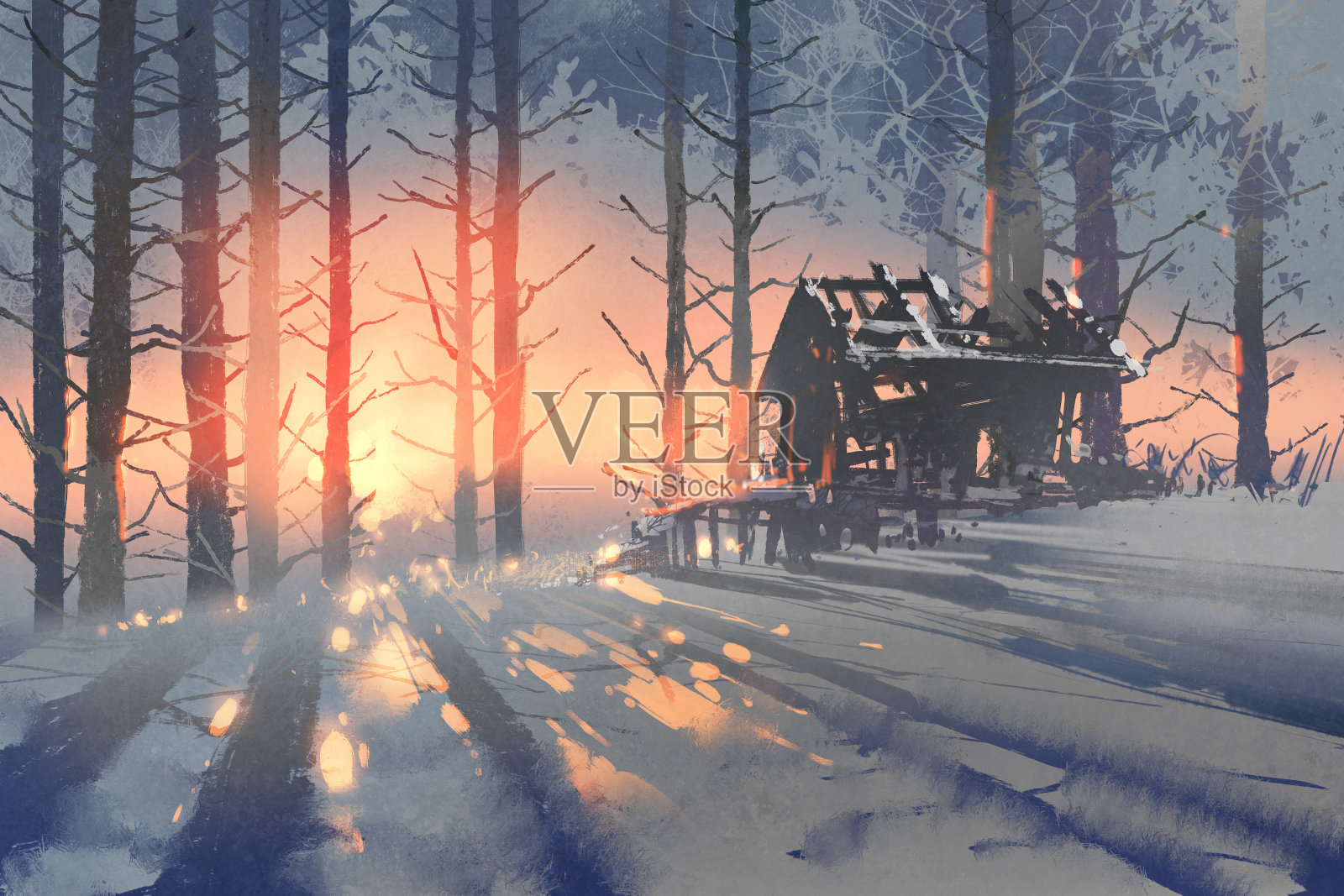 森林里一所废弃房屋的冬季景观插画图片素材