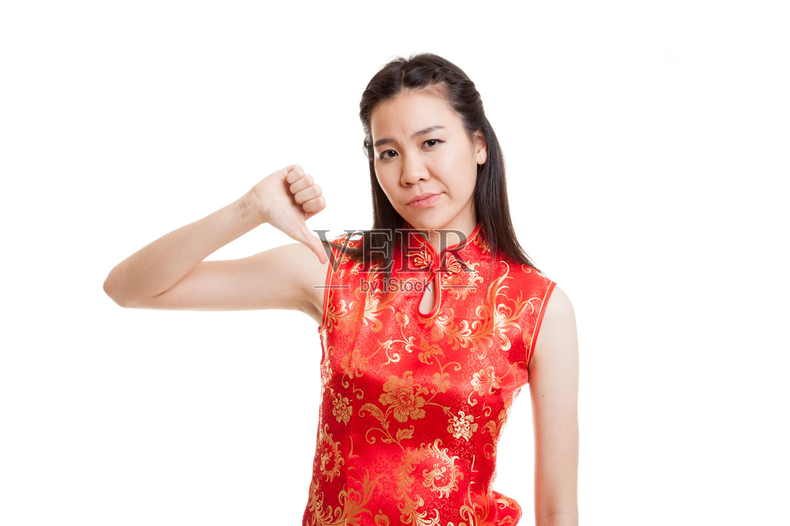 穿着中国旗袍的亚洲女孩很沮丧。照片摄影图片