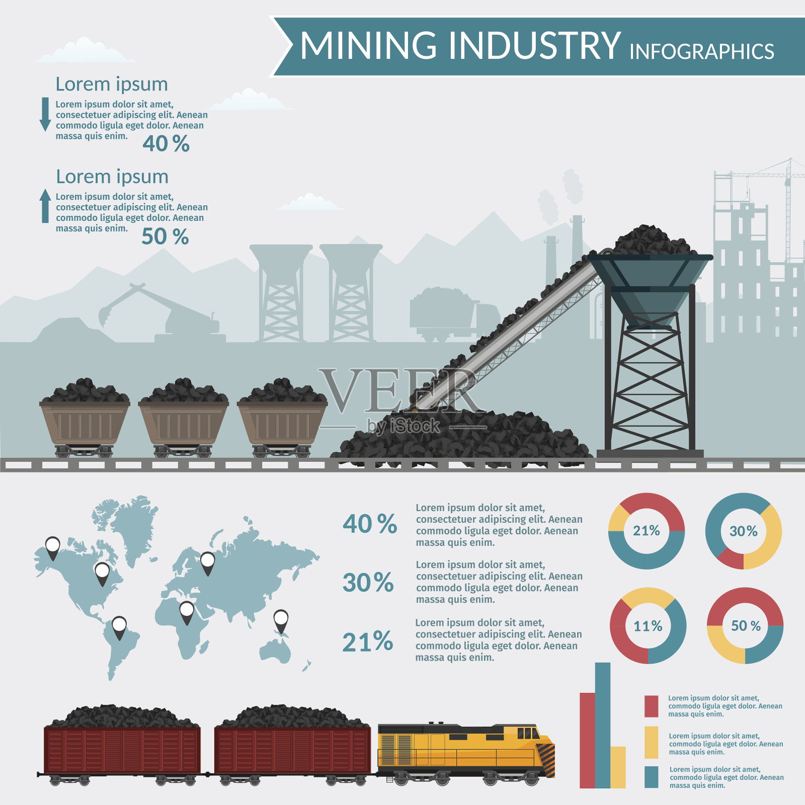 煤矿工业和交通运输集信息图元素孤立向量插画图片素材