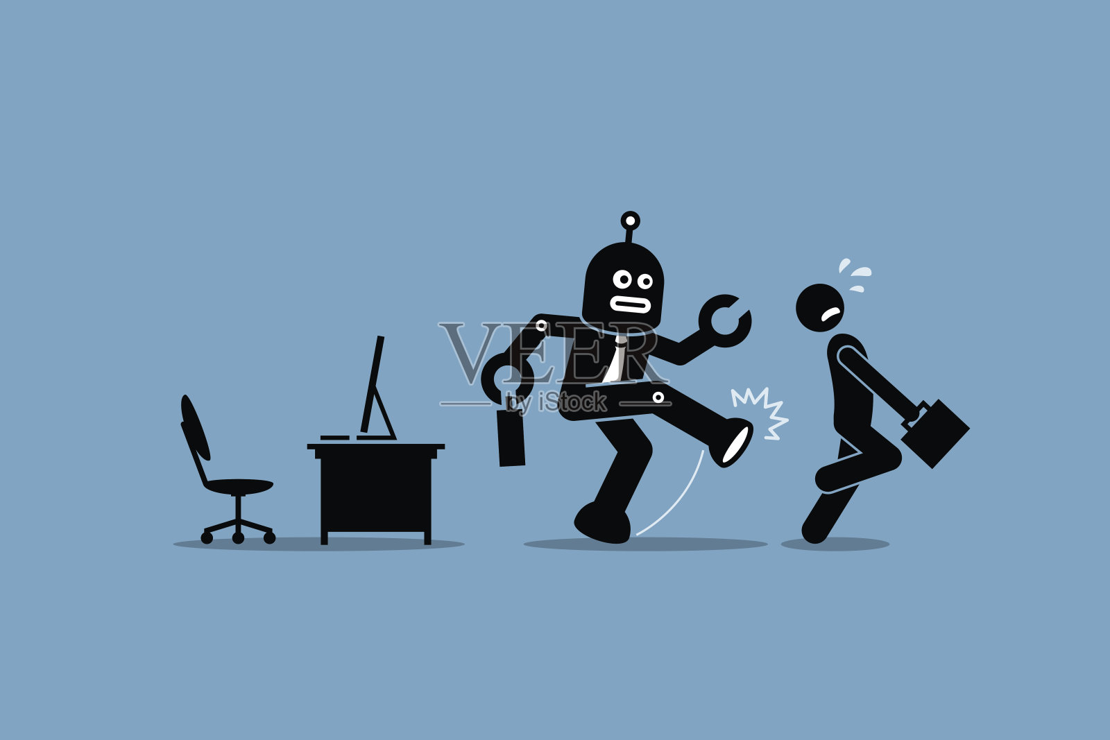 机器人雇员把人类工人从办公室的电脑工作中踢走了。插画图片素材