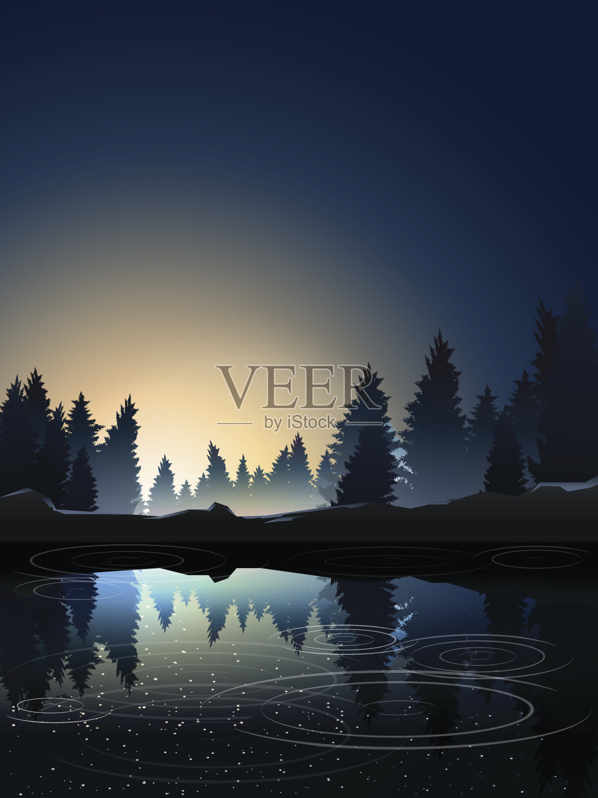 日出时湖边的松林插画图片素材