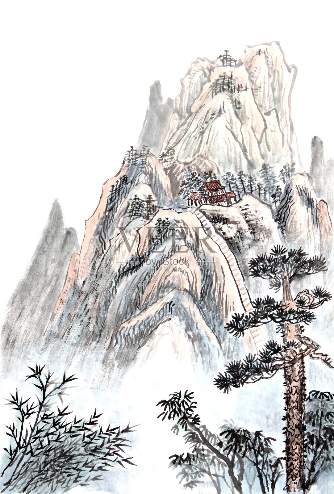 这是一幅高山房子的中国画插画图片素材
