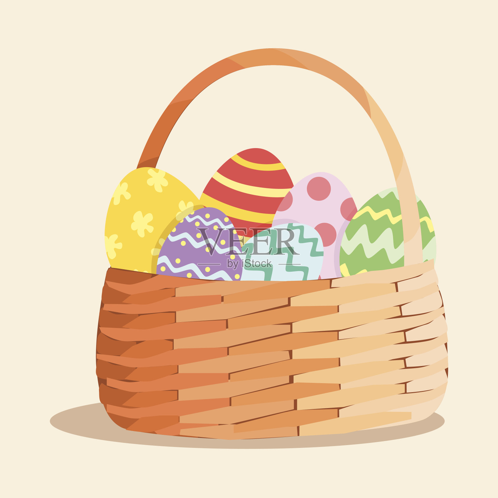 复活节彩蛋篮子，上面有各种彩蛋图案插画图片素材