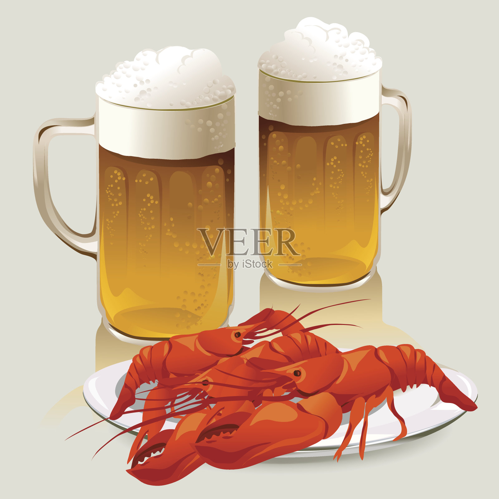 啤酒杯和一盘小龙虾插画图片素材