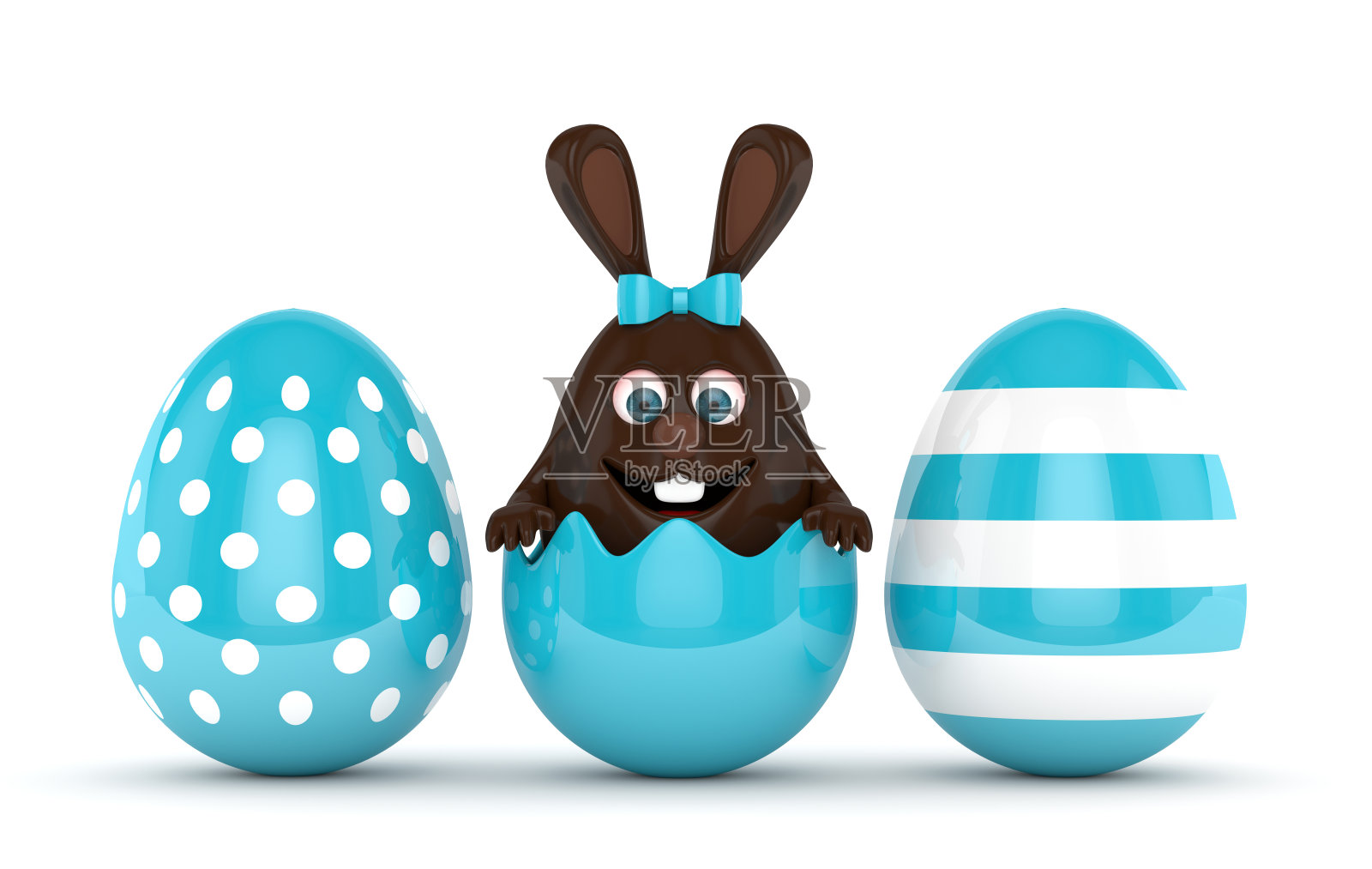 3d渲染复活节巧克力兔子与彩绘蛋插画图片素材