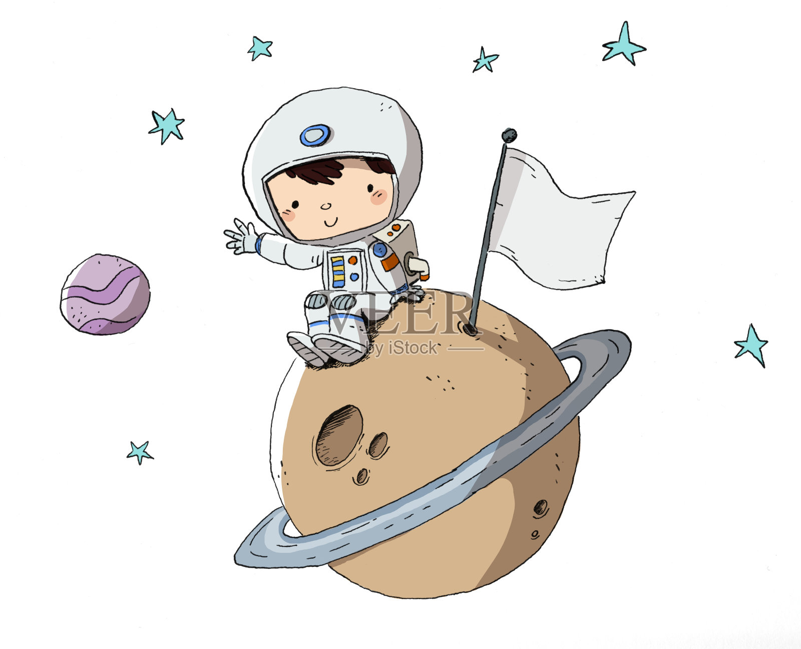 宇航员，坐在行星上的孩子插画图片素材