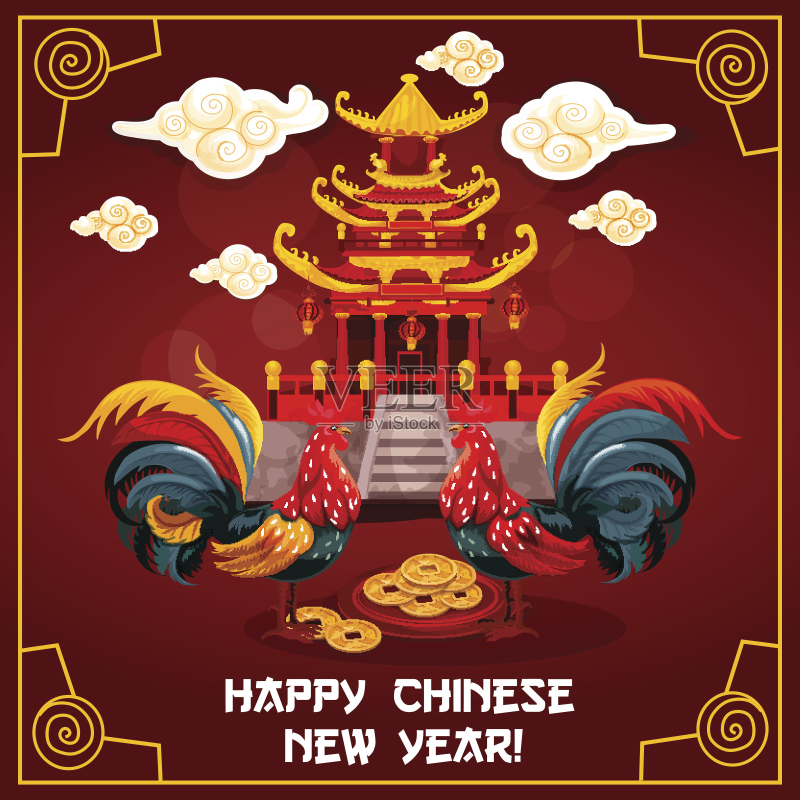 有公鸡和寺庙的中国新年海报插画图片素材