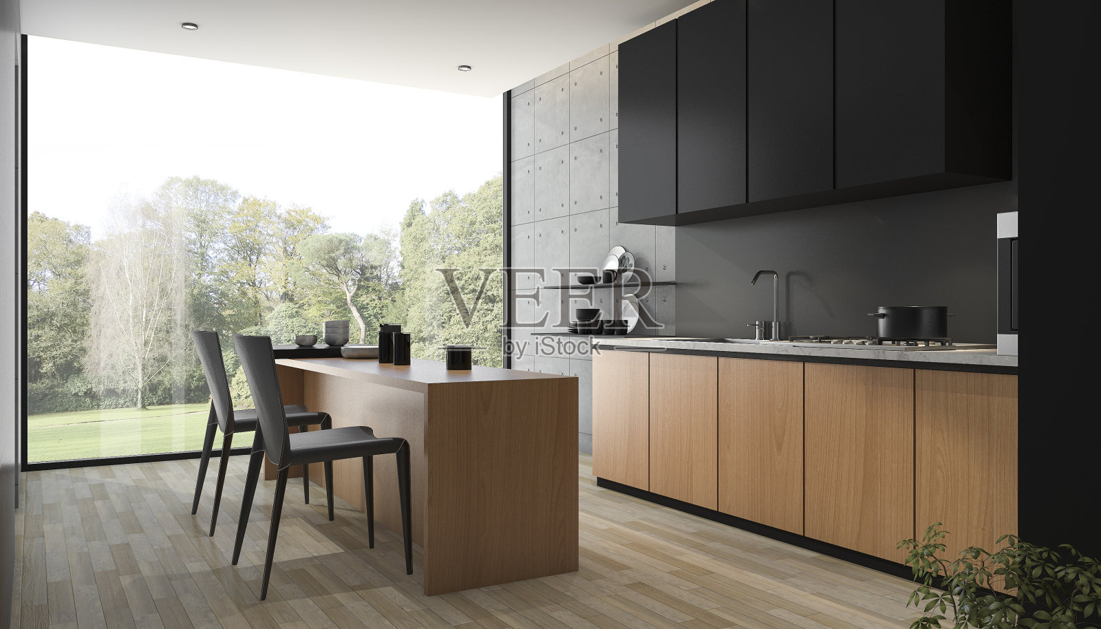 3d渲染现代黑色厨房内置木材照片摄影图片