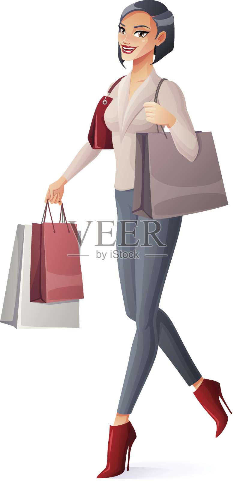 向量美丽的黑发女士走与购物袋和微笑。插画图片素材