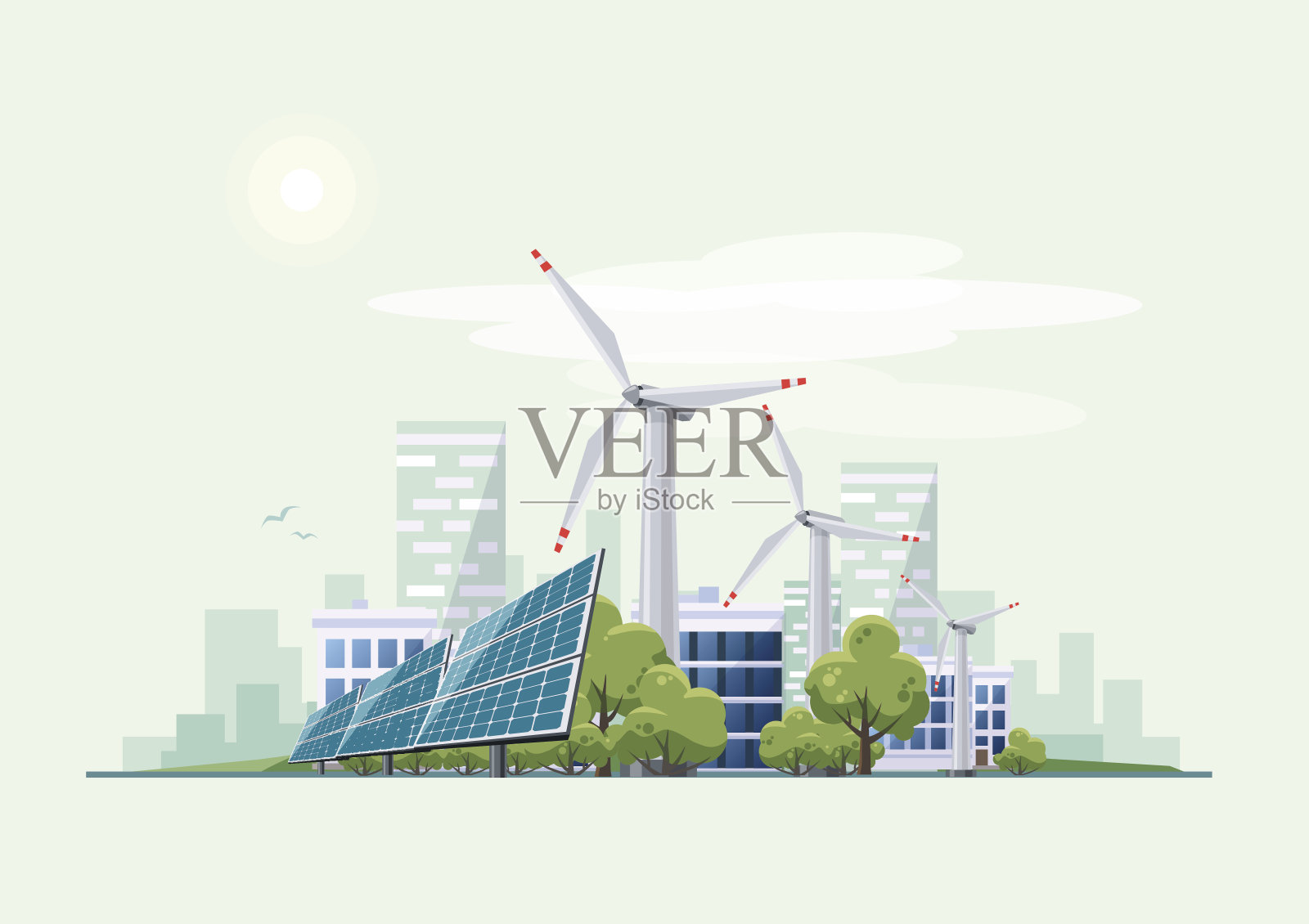 绿色生态城市，拥有太阳能电池板和风力涡轮机插画图片素材