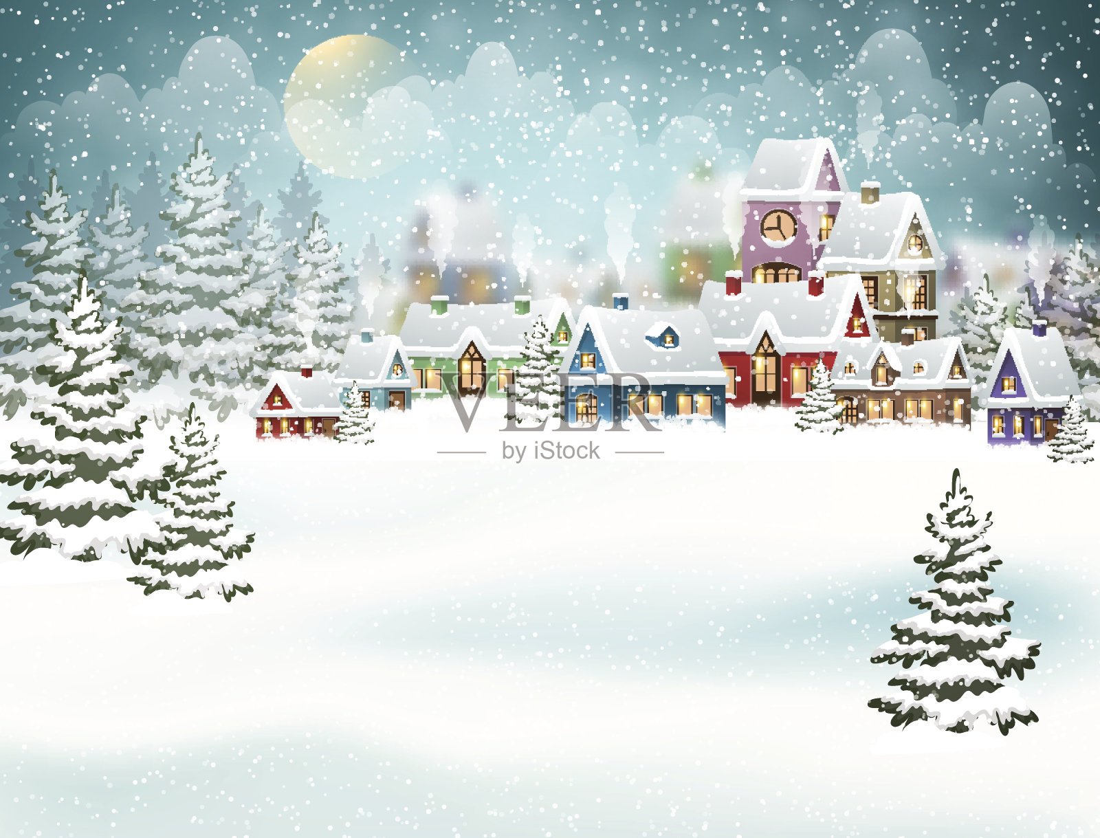 冬天的村庄在松林里插画图片素材