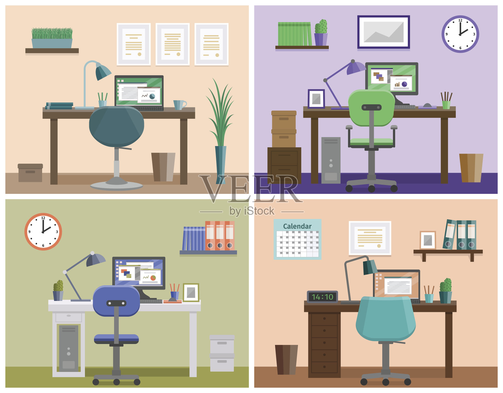 平坦的室内工作空间或在家里的工作场所。向量的背景。插画图片素材