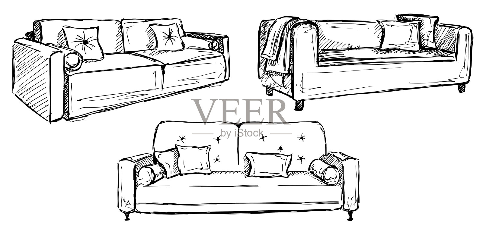 三张沙发孤立在白色背景下。矢量插图在一个草图风格。插画图片素材