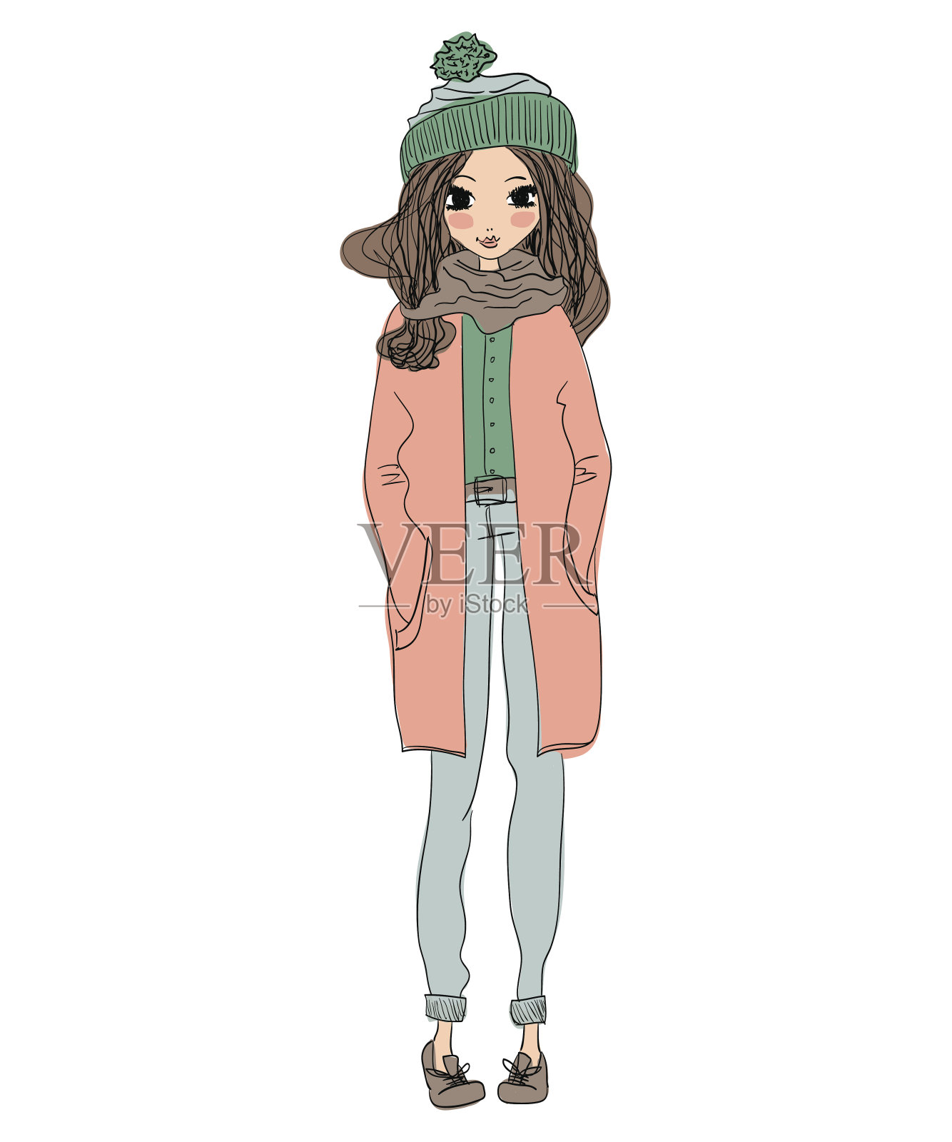 可爱的冬天插图与年轻美丽的女孩穿着暖和的衣服设计元素图片
