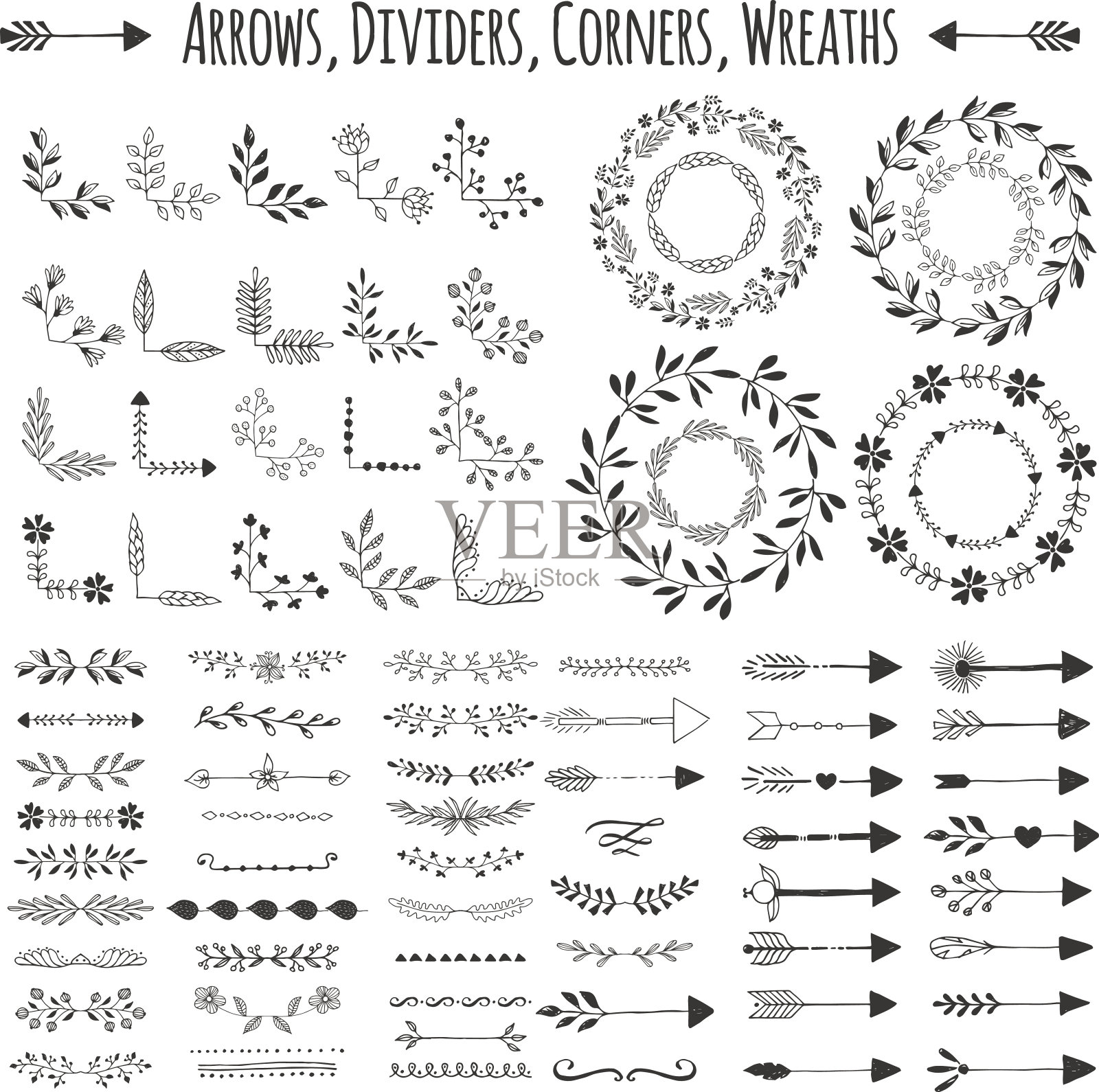 一组矢量箭头，花环，角和分割器。手绘设计元素。插画图片素材
