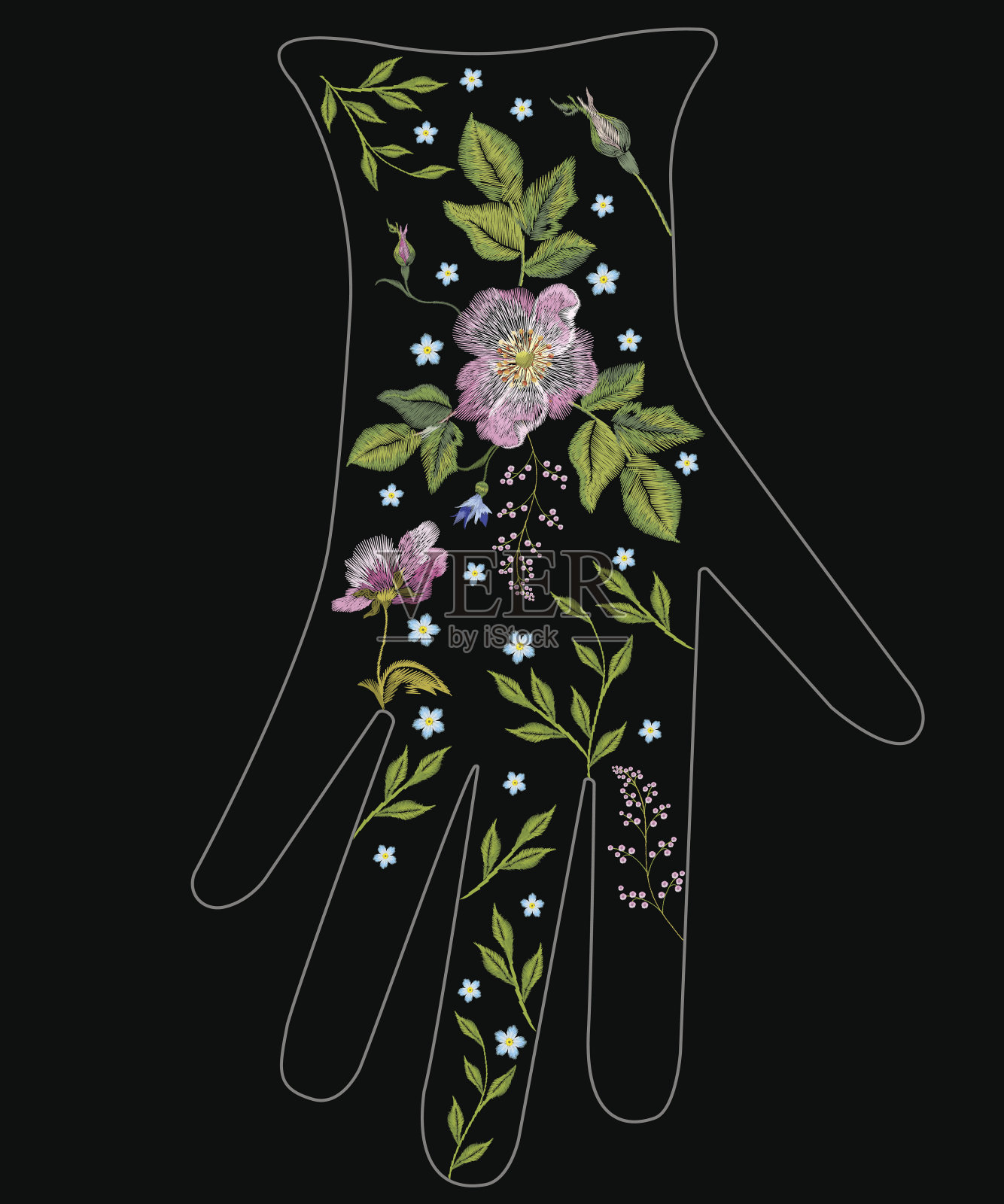 刺绣趋势民族花卉狗玫瑰图案手套设计。插画图片素材