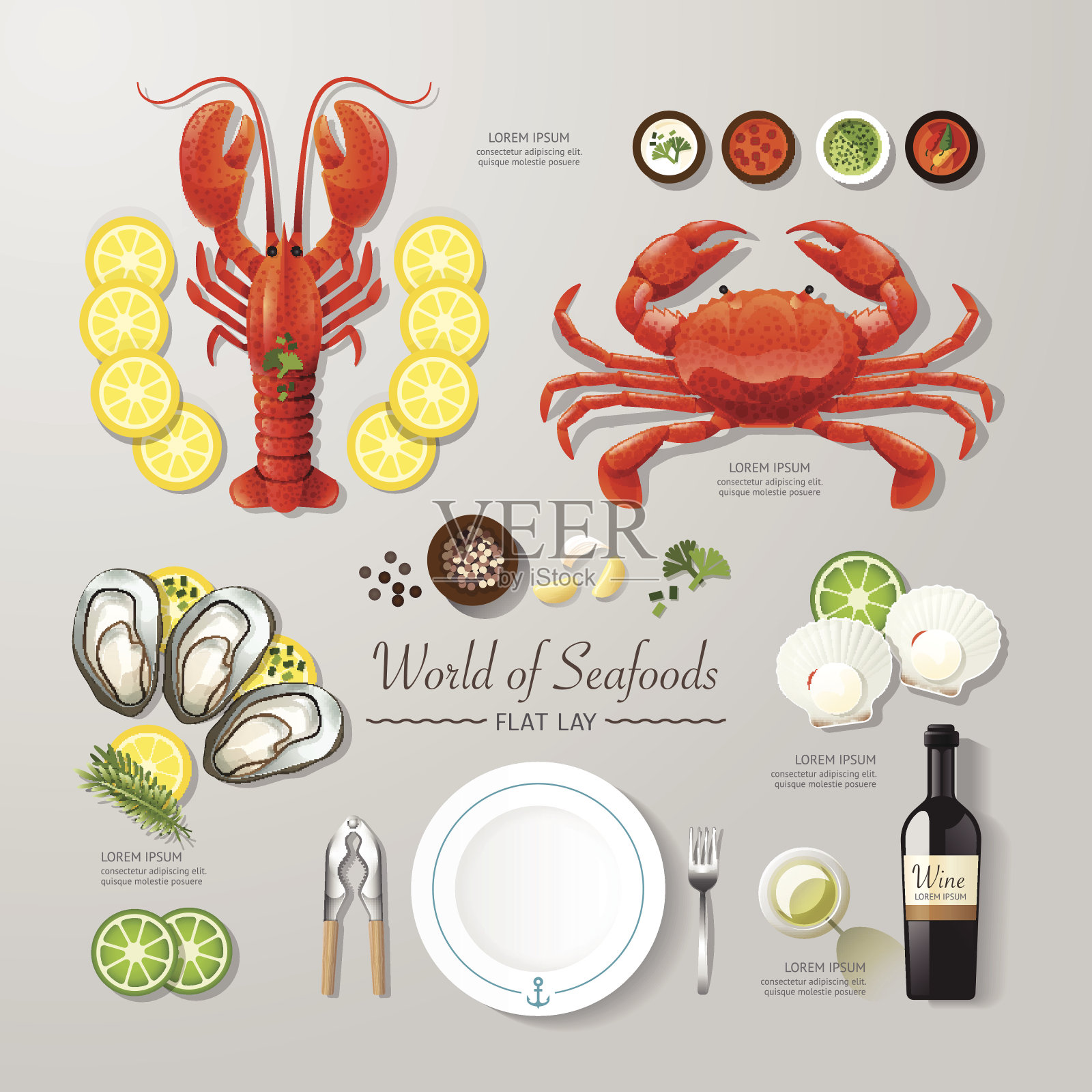 信息图食品商海鲜平铺构思。向量插画图片素材