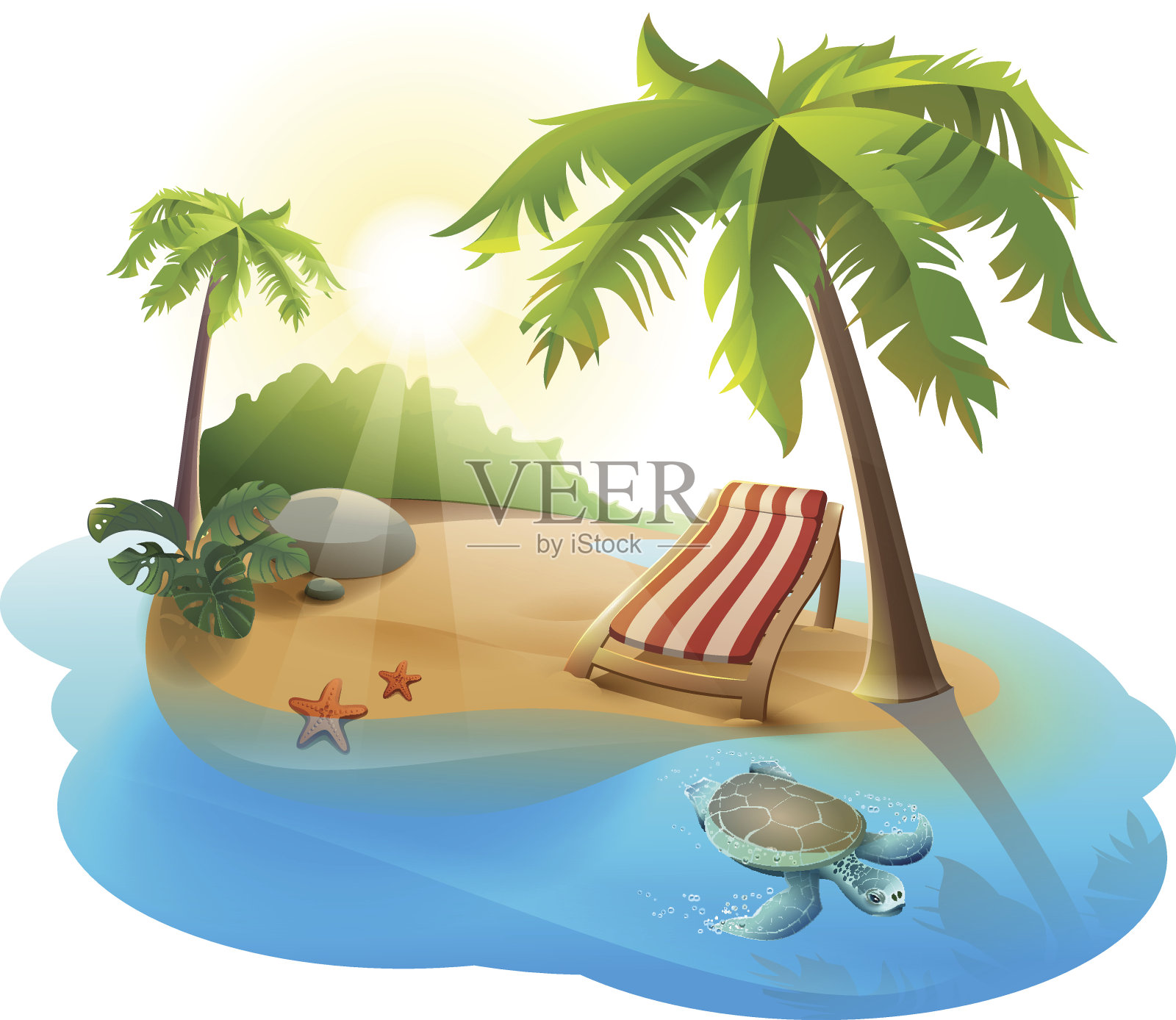 夏天休息。热带岛屿上的棕榈树下的躺椅插画图片素材