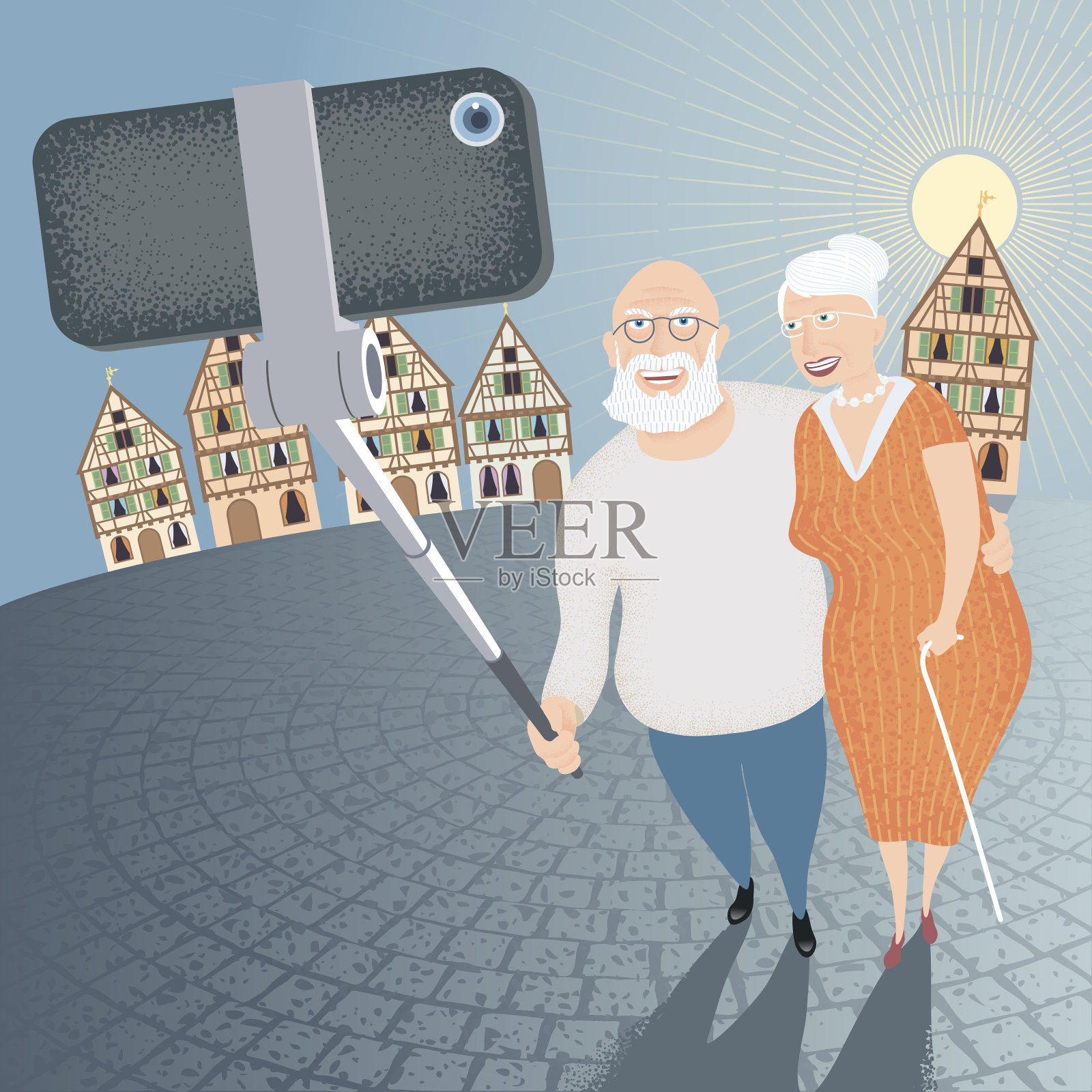 一群老人用手机自拍插画图片素材