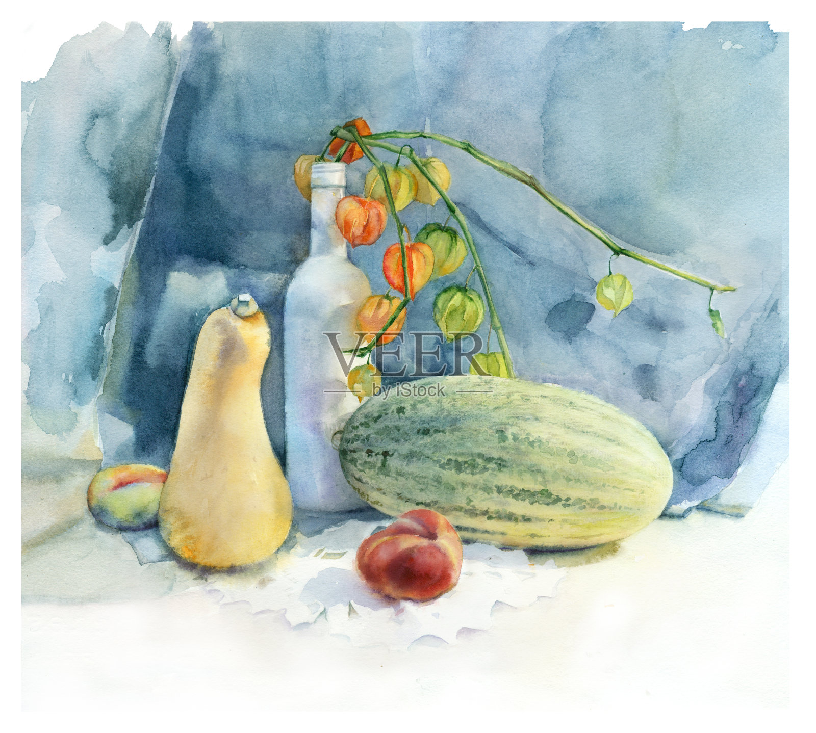 水彩静物与水果。插画图片素材