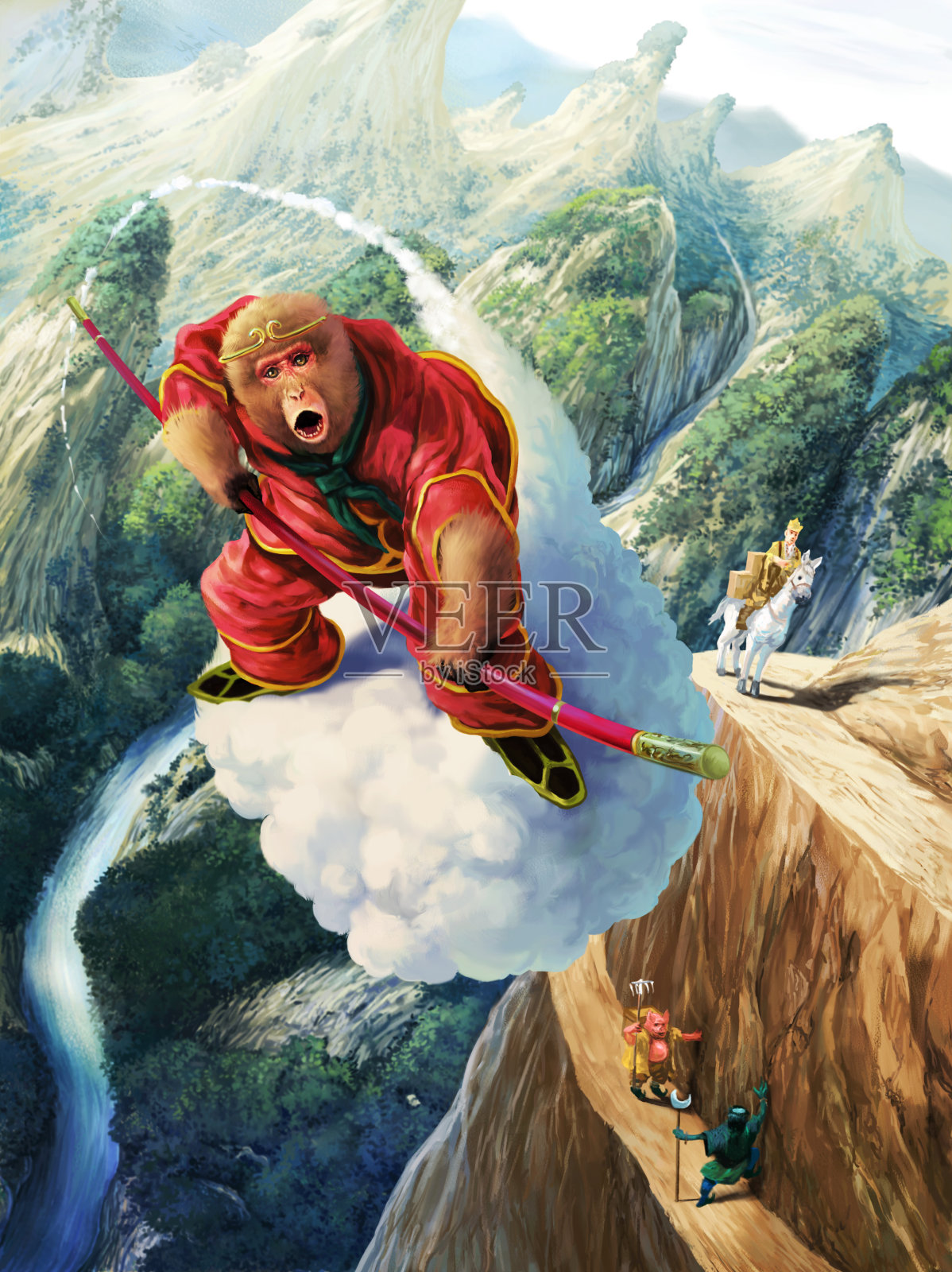 西游记猴与云一起飞翔插画图片素材