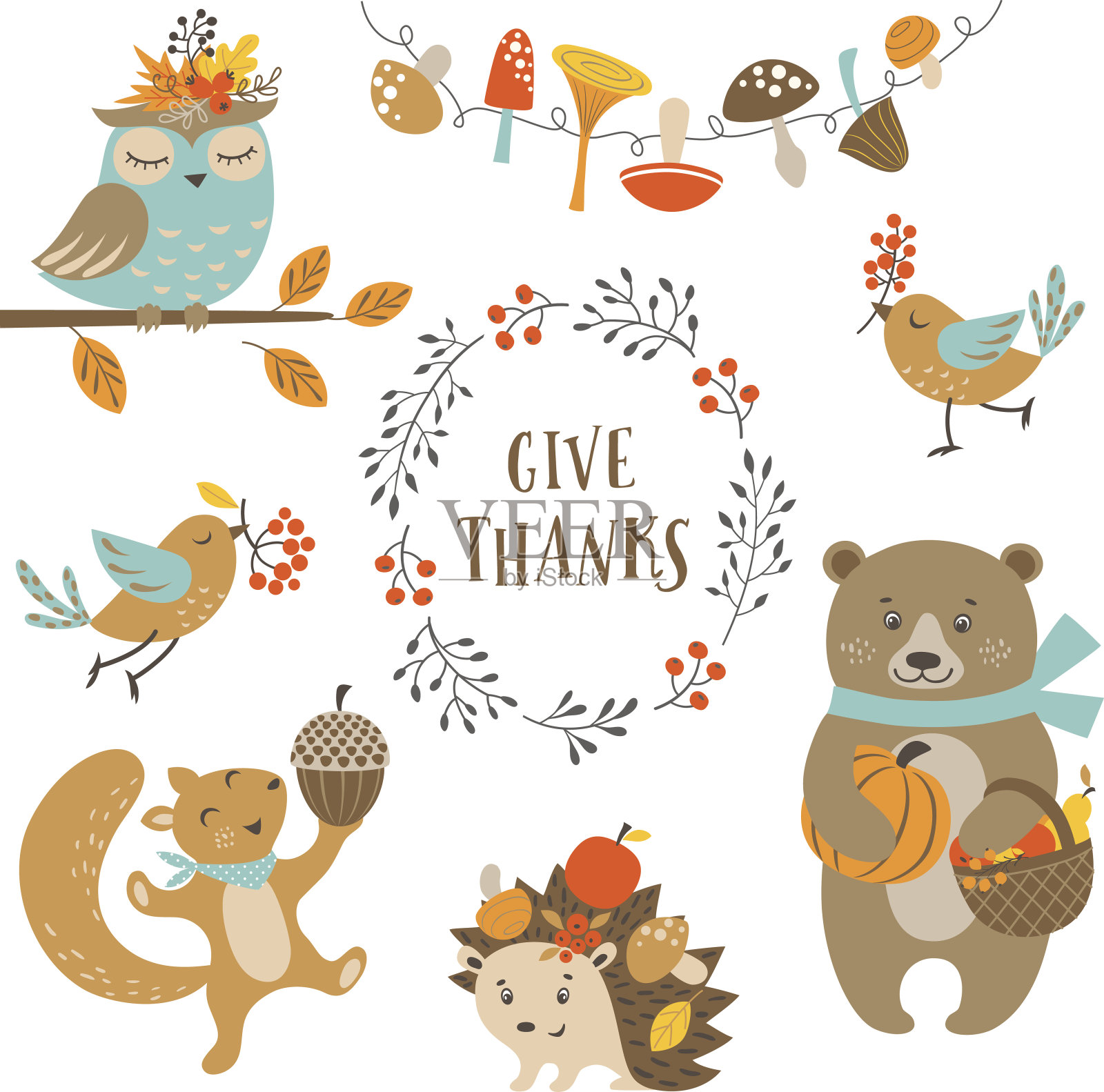 可爱的秋季森林动物插画图片素材