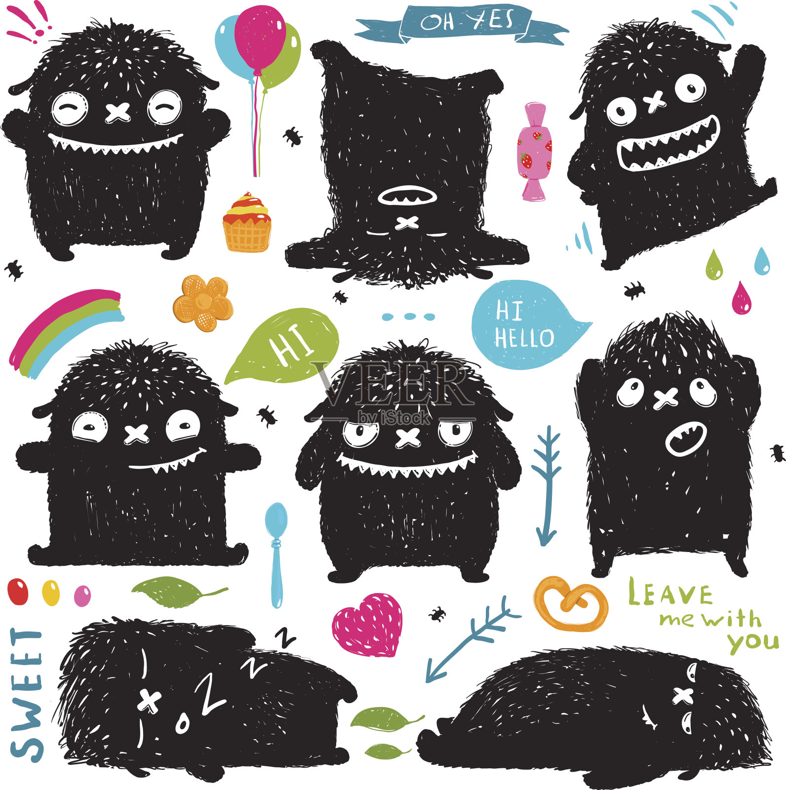 有趣可爱的小黑色怪物节日剪辑艺术收藏插画图片素材