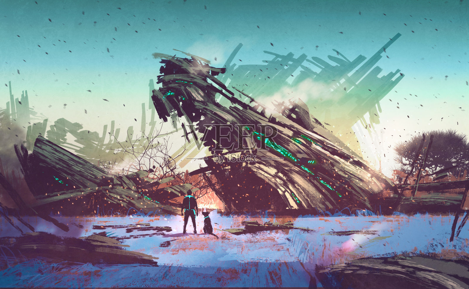 宇宙飞船坠毁在蓝色田野上插画图片素材