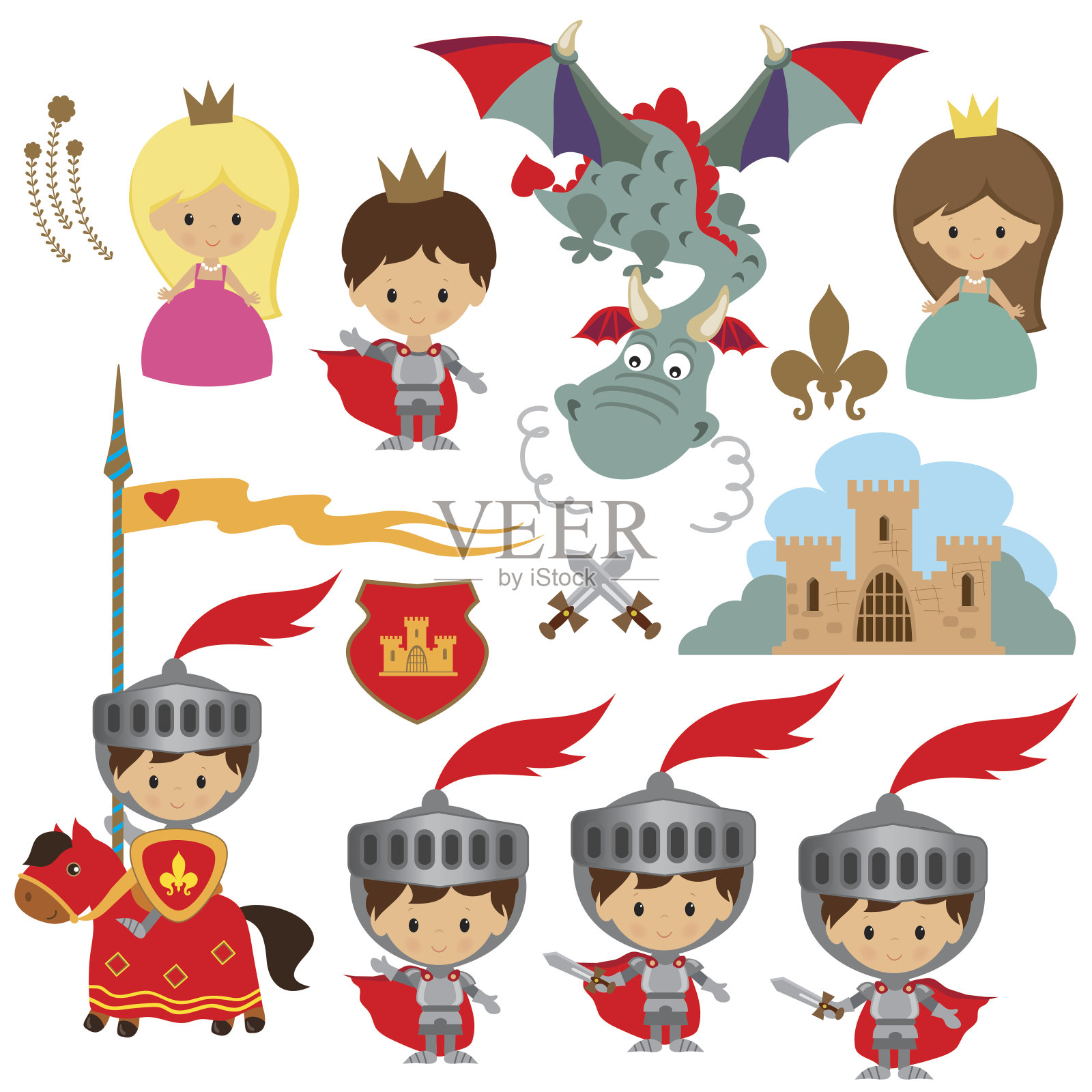 骑士，公主和龙矢量插图插画图片素材
