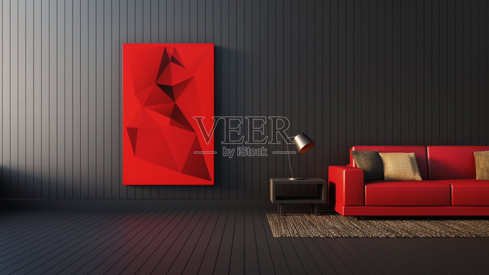 现代的红-黑-白室内生活区和软沙发照片摄影图片
