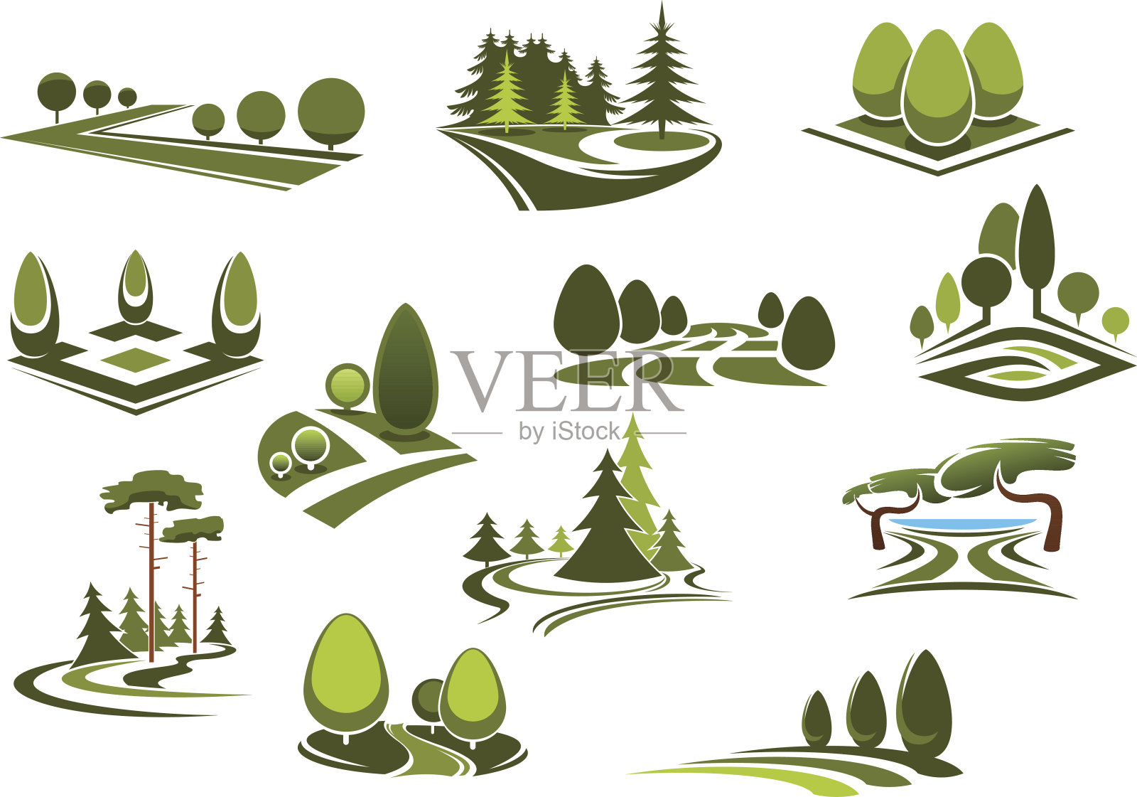 森林、公共公园和园林景观的图标设计元素图片