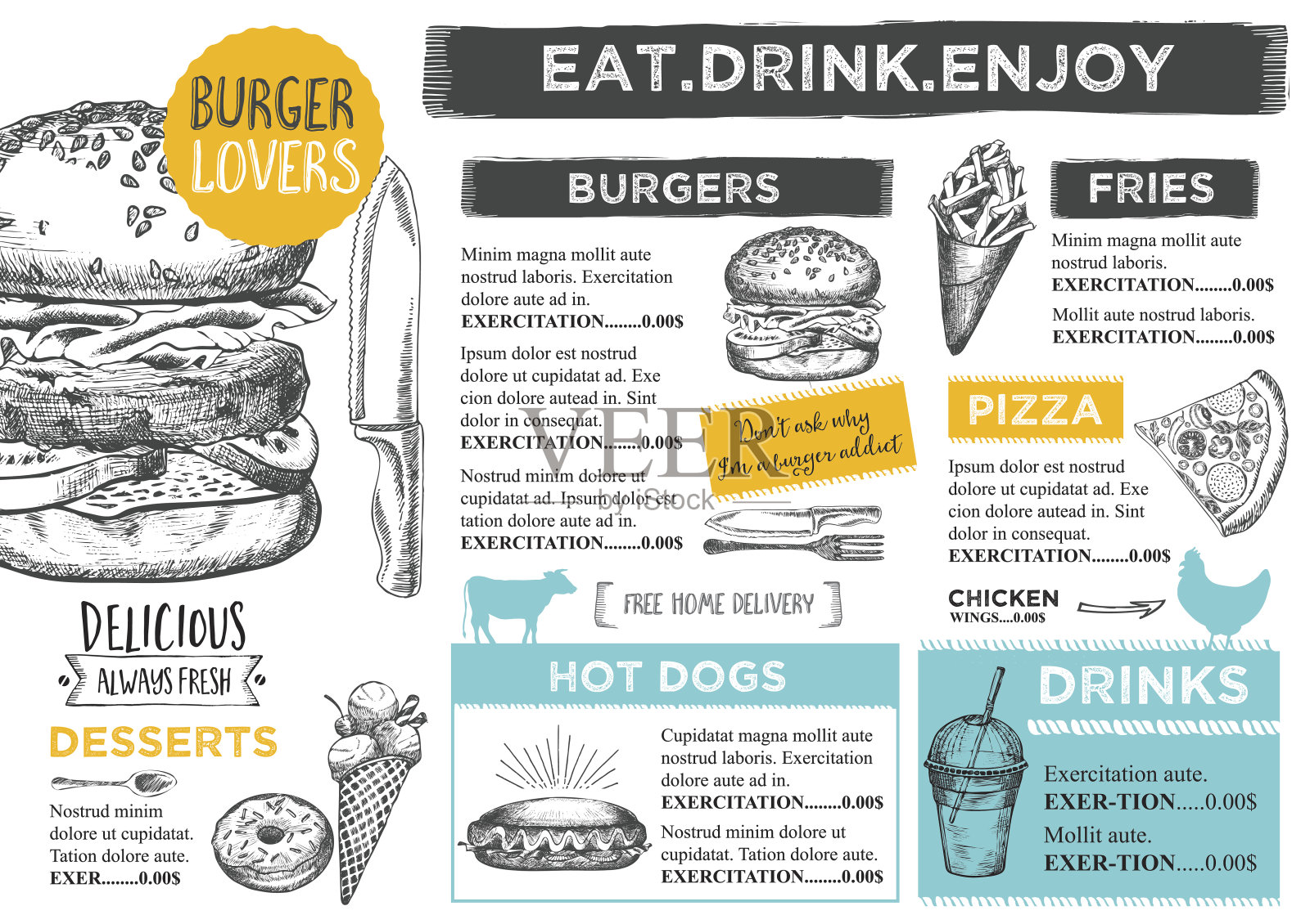 餐厅咖啡厅菜单，模板设计。插画图片素材