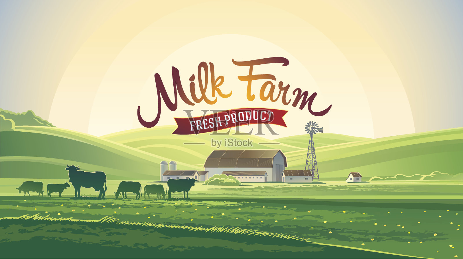 夏季景观和牛奶农场。插画图片素材