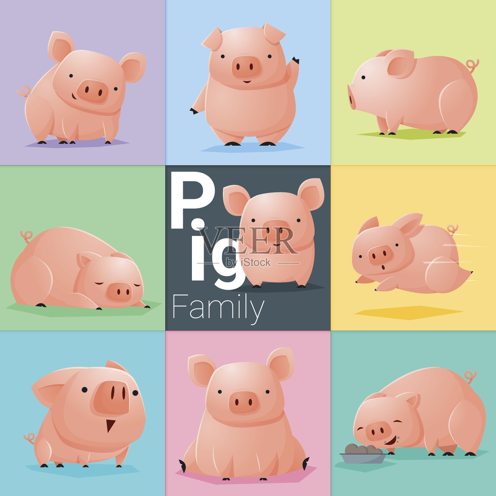 猪家族套装插画图片素材