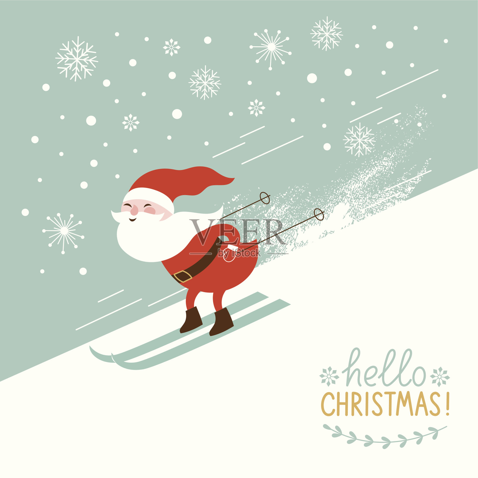 圣诞老人从山坡上滑雪插画图片素材