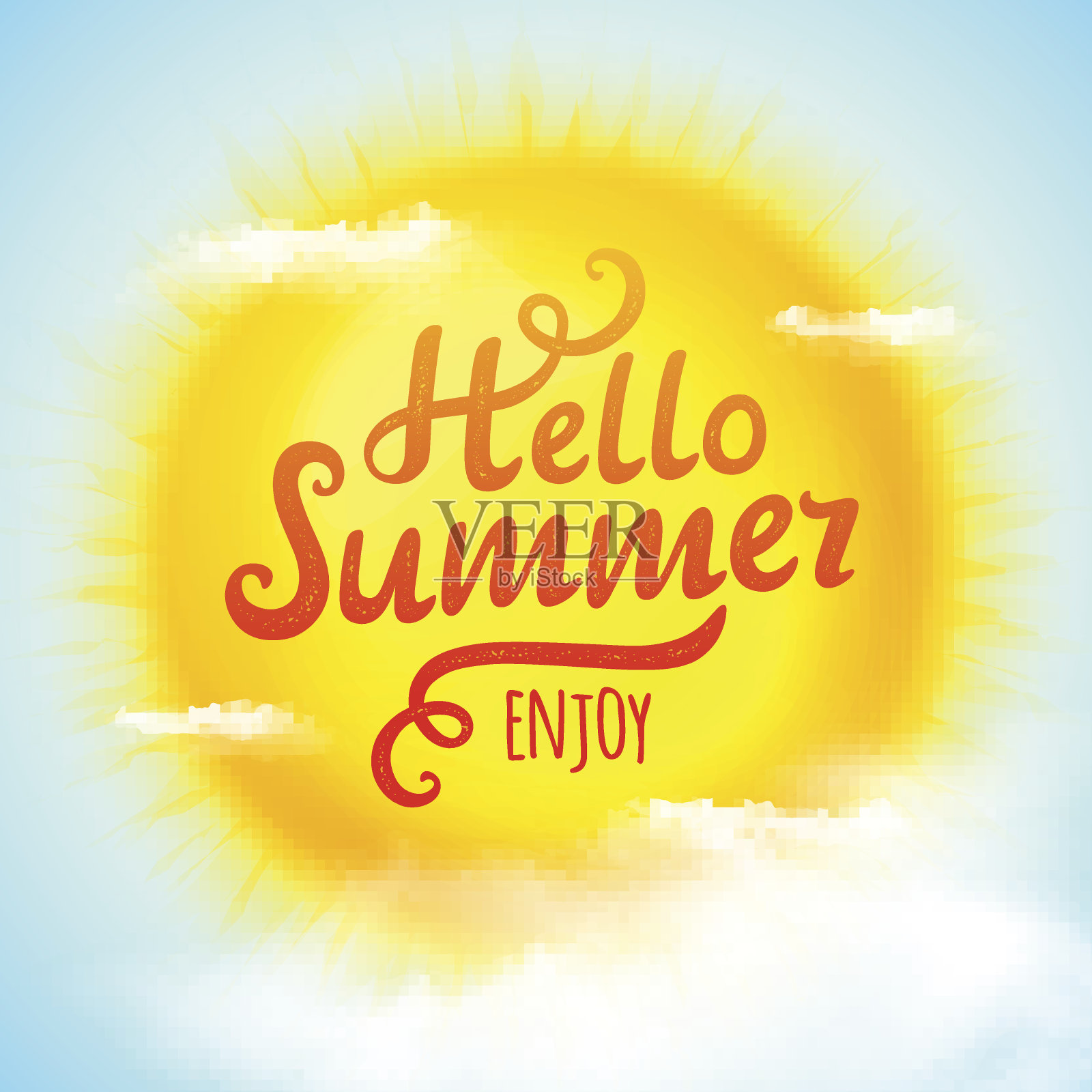 你好夏天，印刷题字3D逼真的太阳。矢量图插画图片素材